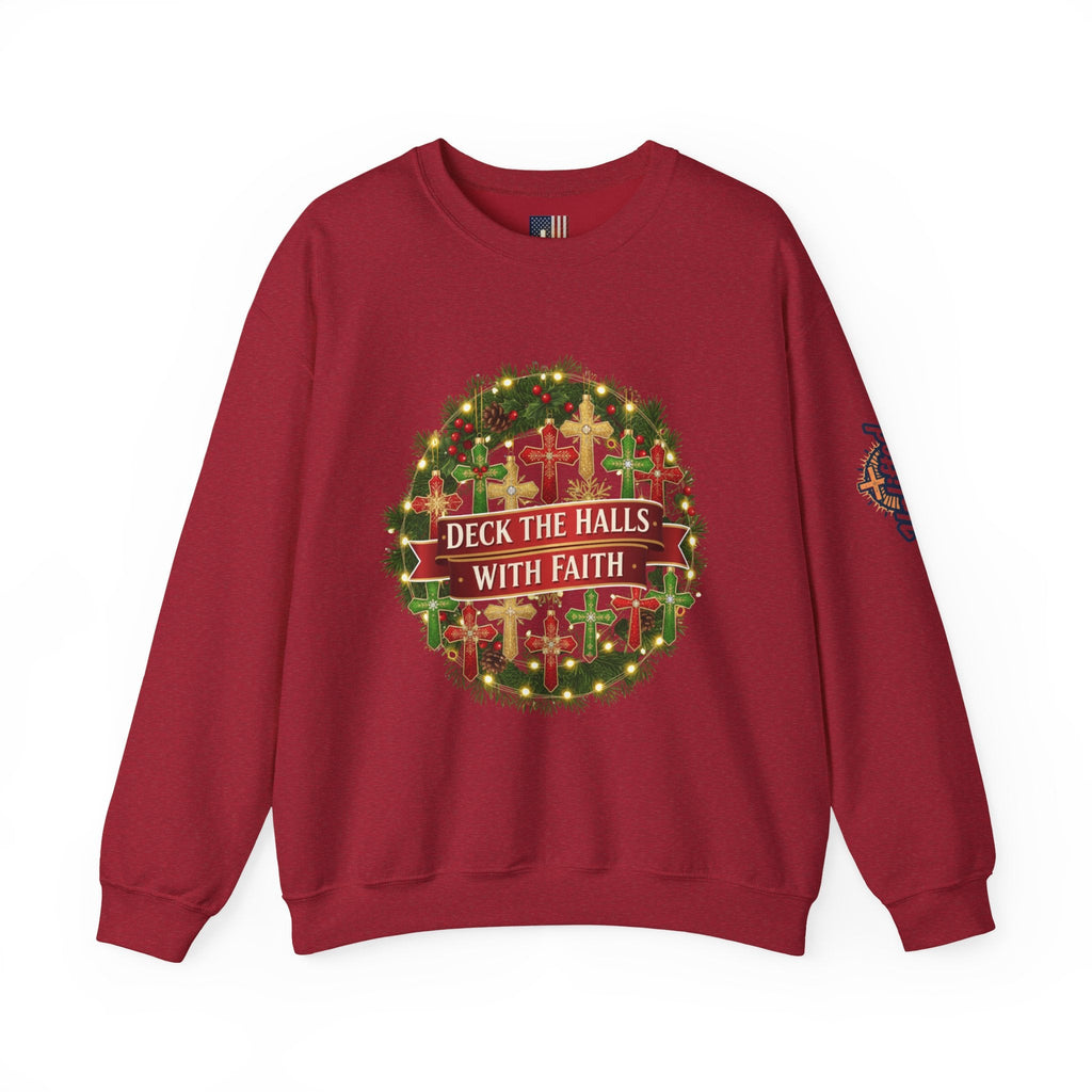 🎄 Deck the Halls with Faith – Christian Christmas Sweatshirt | Cross Ornament Design & Festive Garland | Bold Holiday Faith Tee by Uplifted Gear Printify