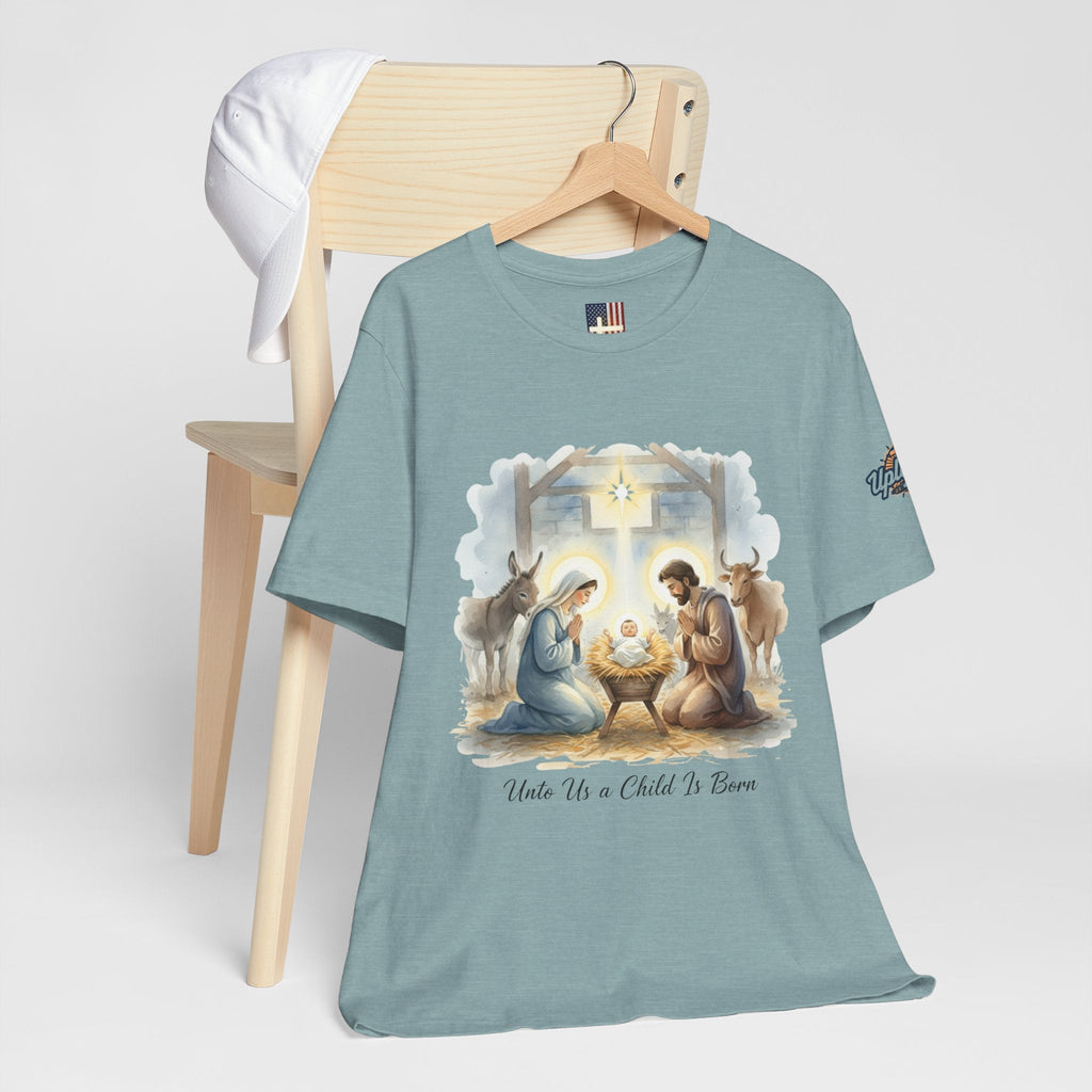 Unto Us a Child is Born T-shirt – Isaiah 9:6 Nativity Manger Scene Christian Christmas T-shirt for Holy Night Faith Printify