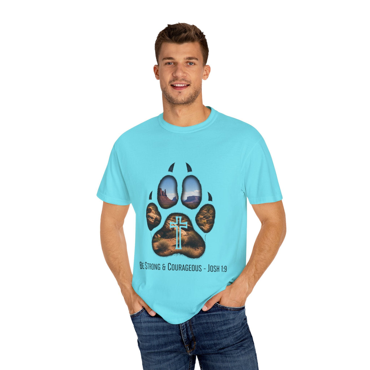 Strong and Courageous T-Shirt – Canine Pawprint Desert Joshua 1:9 Christian Tee Printify