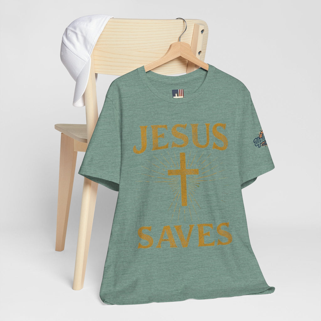Jesus Saves T-shirt – Radiant Cross & Rays of Light Christian T-shirt for Eternal Hope & Faith Printify