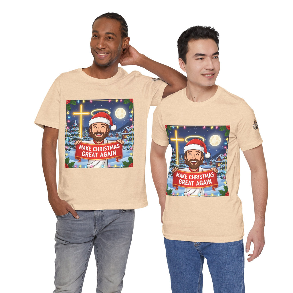🎄 Make Christmas Great Again – Funny Christian T-Shirt | Jesus Holding Banner | Faith-Based Holiday Parody Tee | Uplifted Gear Printify