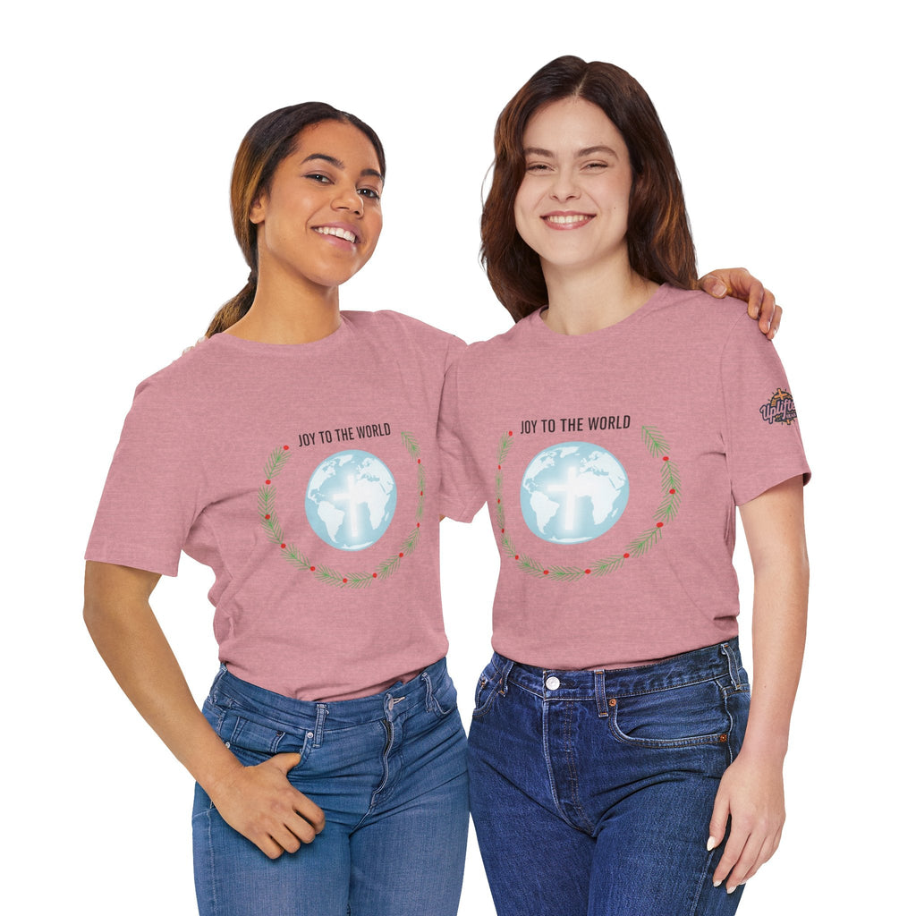 Joy to the World T-shirt – Wreath Earth Nativity Christian Christmas T-shirt for Isaiah 9:6 Holiday Faith & Festive Joy Printify