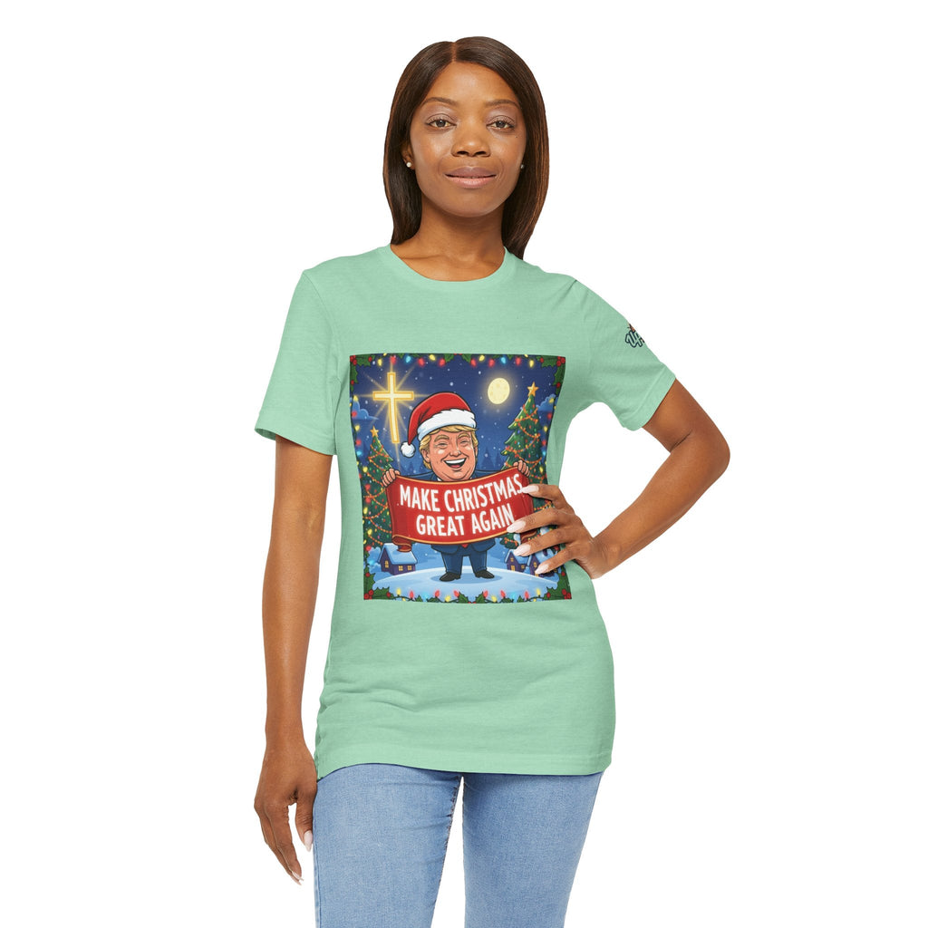 🎄 Make Christmas Great Again – Patriotic Christian Christmas T-Shirt | Bold Holiday Faith Tee | Red & White Banner Design | Uplifted Gear Printify