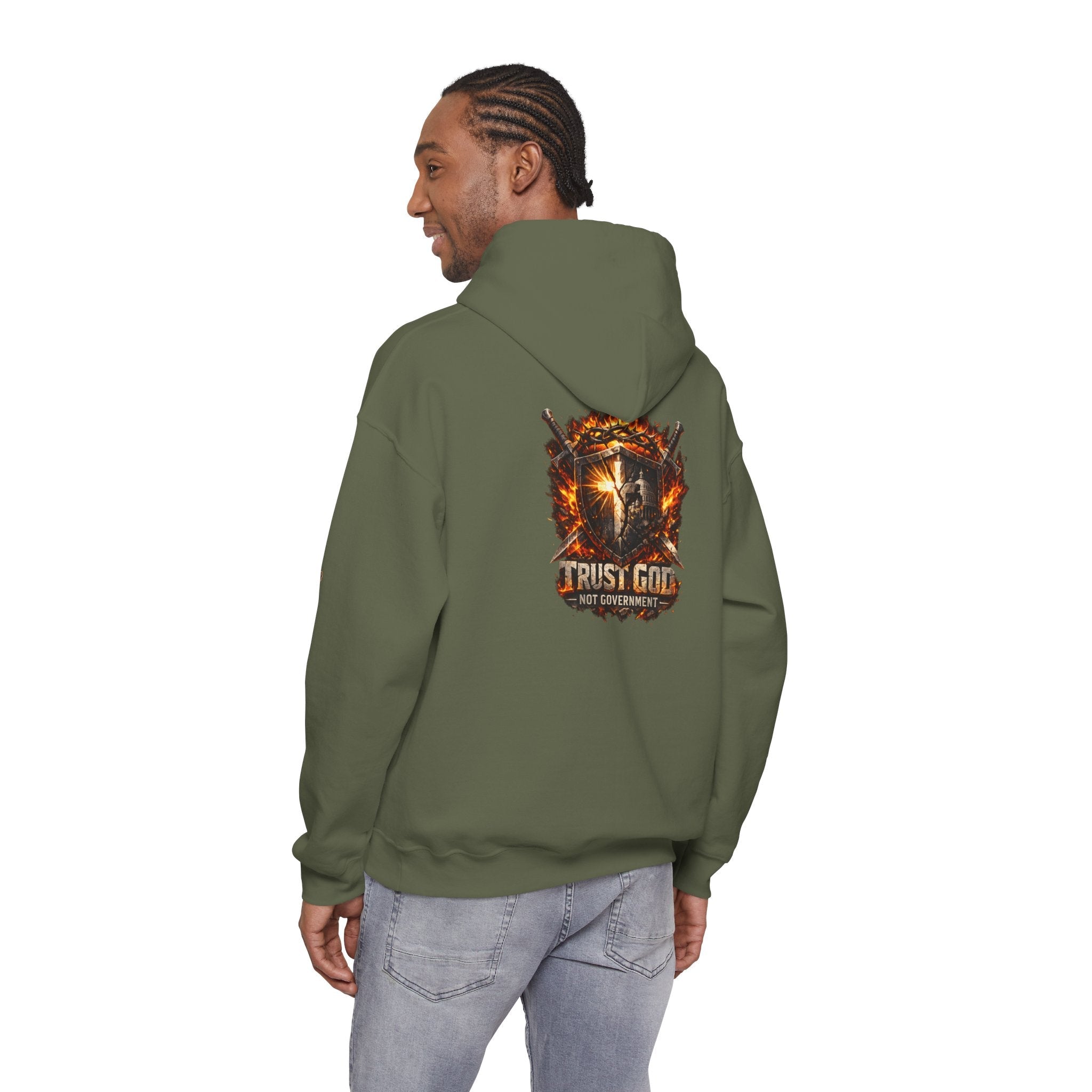 Trust God Not Government Shield Hoodie — Patriotic Christian Faith Hoodie Printify