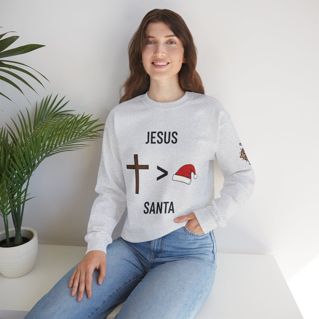 🎄 Jesus > Santa – Minimalist Christian Christmas Sweatshirt | Bold Faith Over Holiday Tee | Cross vs Santa Hat Design | Uplifted Gear Printify