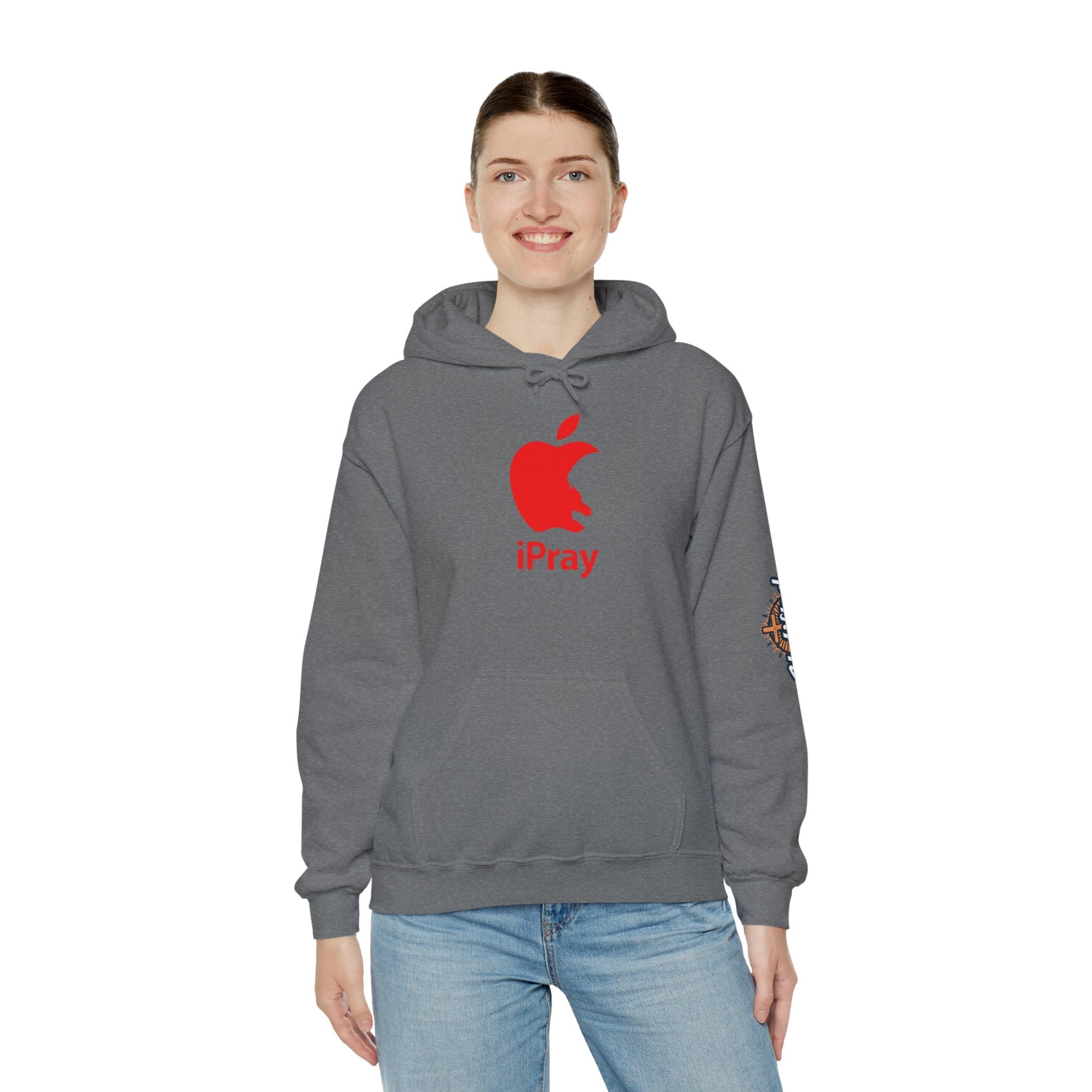 iPray Apple Logo Hoodie — Funny Christian Hoodie (Minimal Red Apple Graphic) Printify