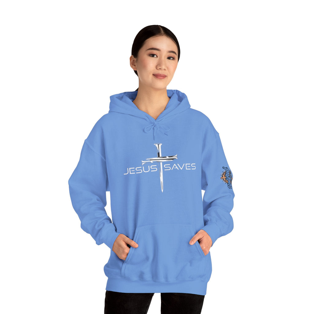Jesus Saves Hoodie – 3 Nails Crucifix Cross Christian Sweatshirt for Redemption Faith & Bold Salvation Printify