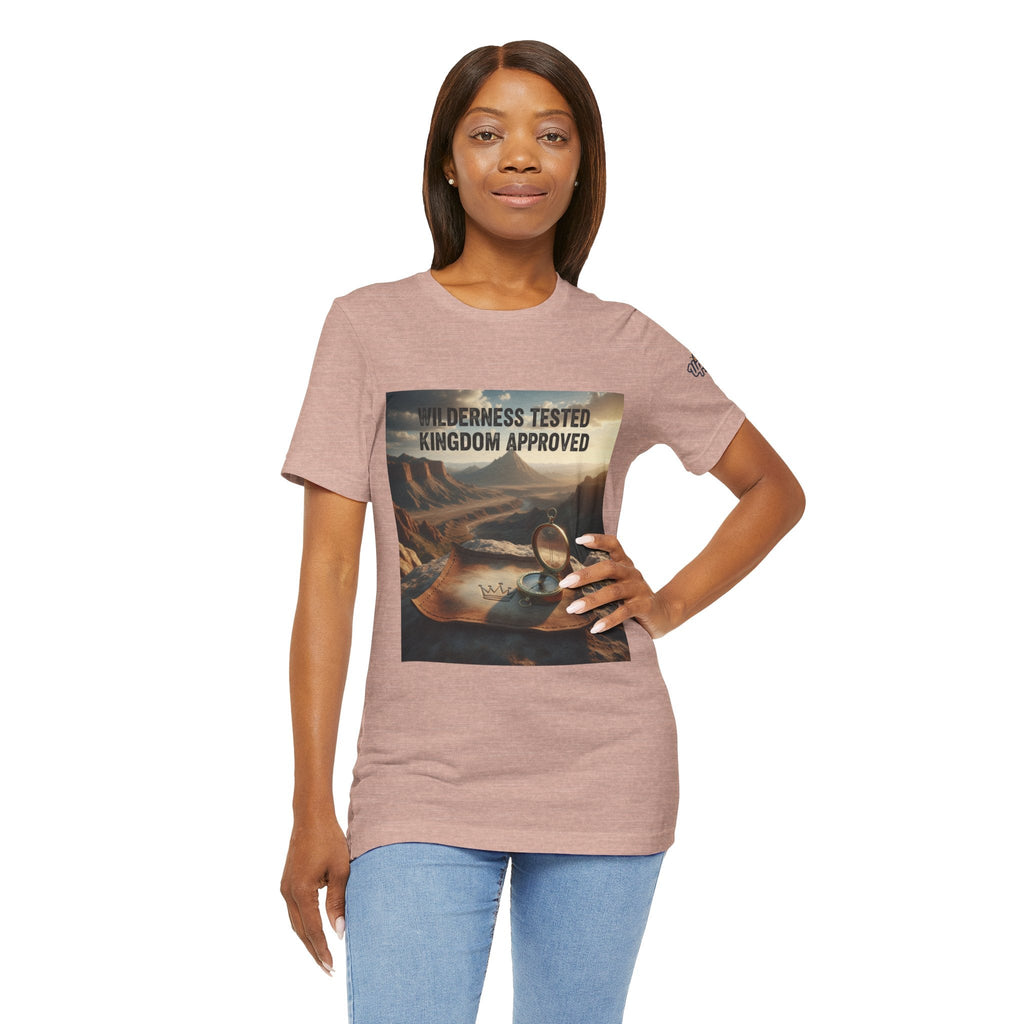 Wilderness Tested Kingdom Approved T-shirt – Mountain Desert Compass Crown Christian T-shirt for Biblical Adventure Faith Printify