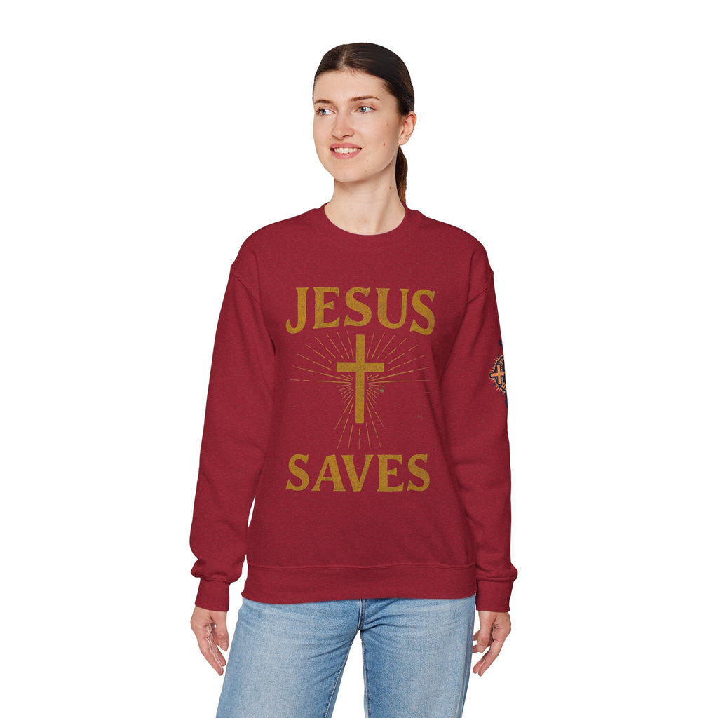 Jesus Saves Sweatshirt – Radiant Cross & Rays of Light Christian Sweatshirt for Eternal Hope & Faith Printify