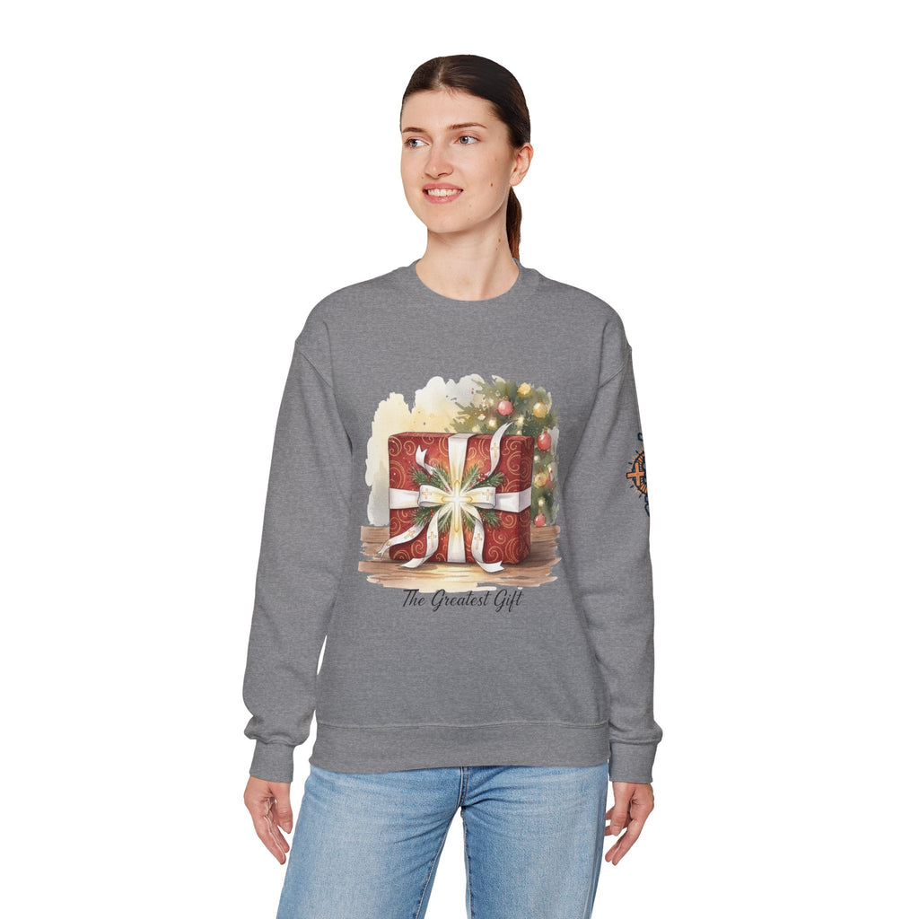 The Greatest Gift Sweatshirt – Cross Bow Present Christian Sweatshirt for Christmas Salvation & Eternal Faith Printify