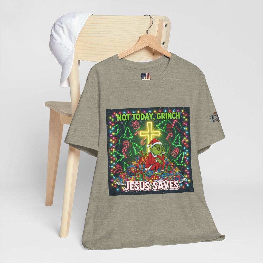 🎄 Not Today, Grinch – Jesus Saves | Funny Christian Christmas T-Shirt | Festive Green & Red Cartoon Style | Bold Faith Holiday Tee by Uplifted Gear Printify