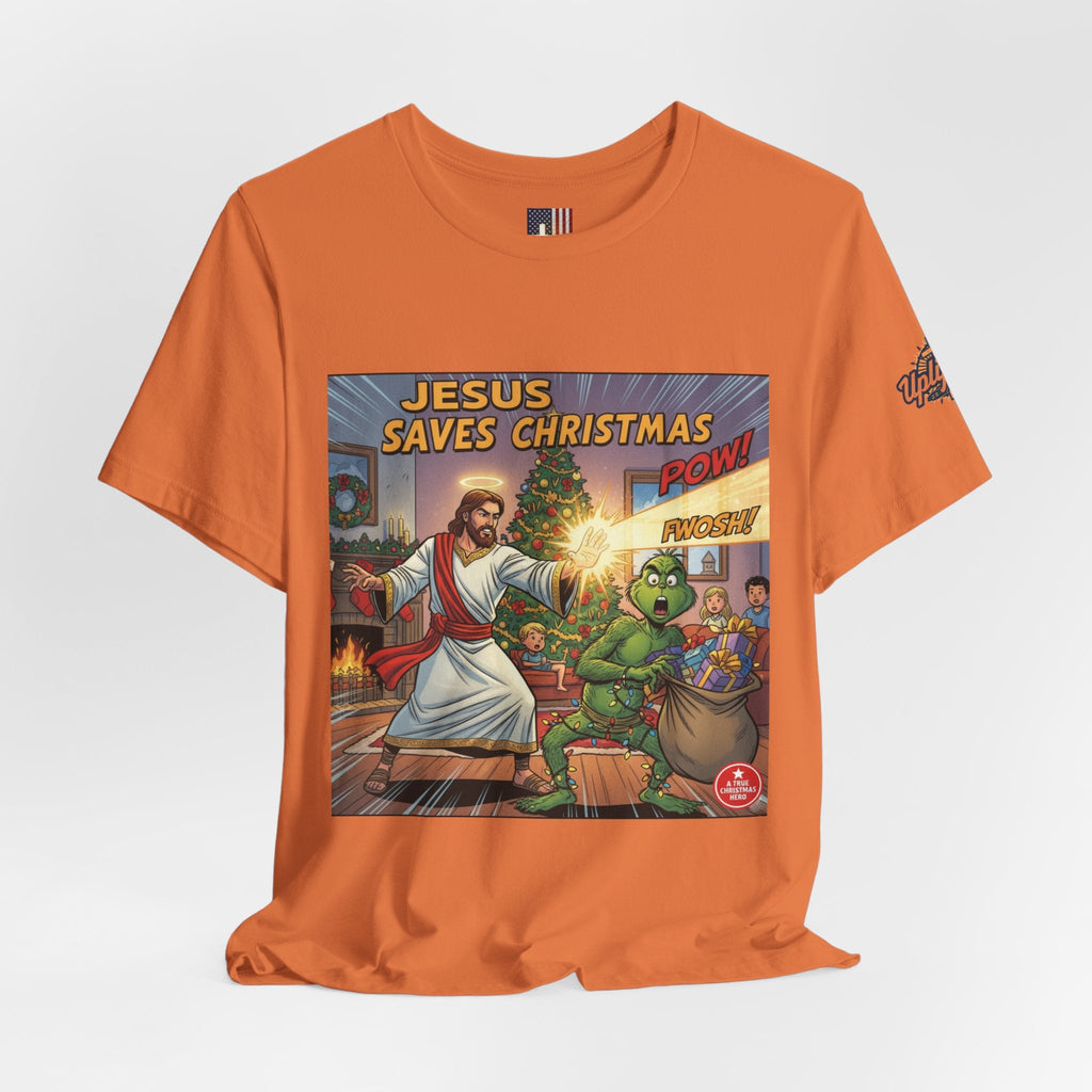 Jesus Saves Christmas T-shirt – Grinch vs Savior Light Battle Christian T-shirt for Hilarious Holiday Faith & True Joy Printify