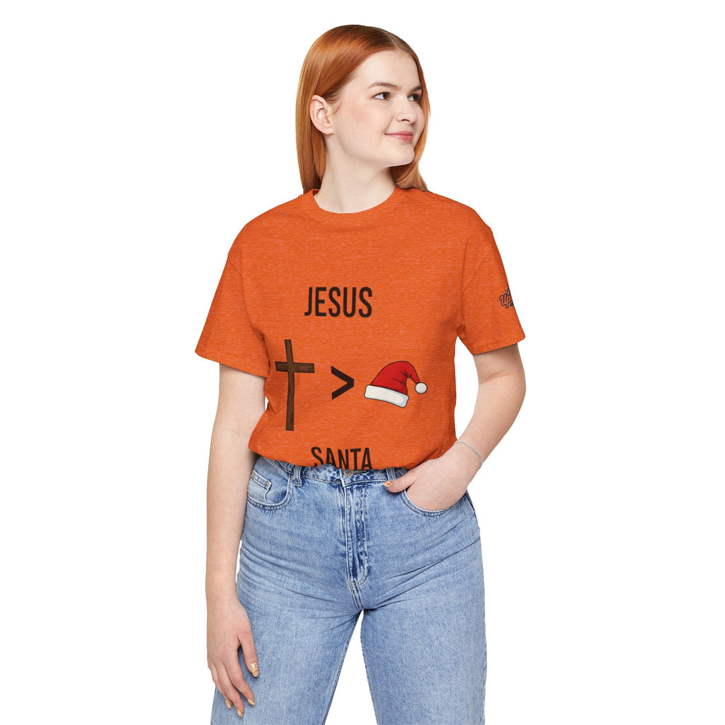 🎄 Jesus > Santa – Minimalist Christian Christmas T-Shirt | Bold Faith Over Holiday Tee | Cross vs Santa Hat Design | Uplifted Gear Printify