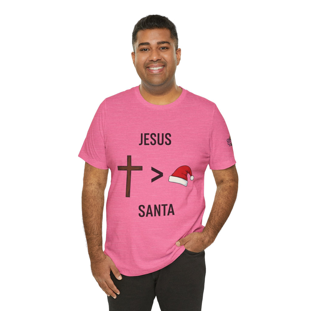 🎄 Jesus > Santa – Minimalist Christian Christmas T-Shirt | Bold Faith Over Holiday Tee | Cross vs Santa Hat Design | Uplifted Gear Printify