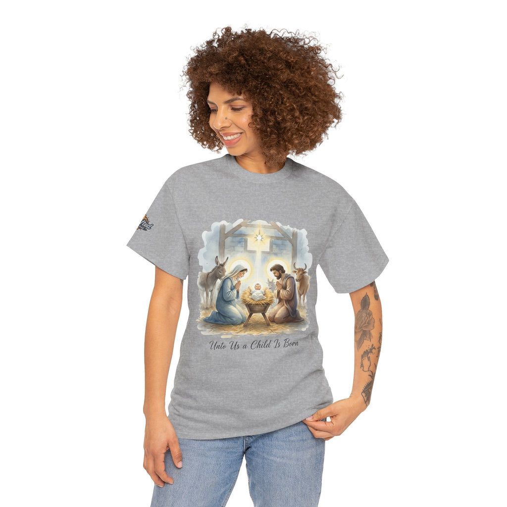 Unto Us a Child is Born T-shirt – Isaiah 9:6 Nativity Manger Scene Christian Christmas T-shirt for Holy Night Faith Printify