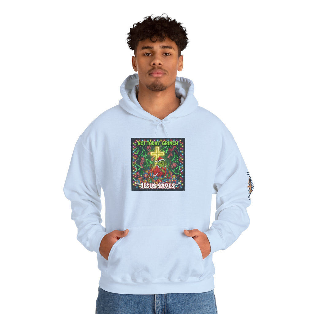 🎄 Not Today, Grinch – Jesus Saves | Funny Christian Christmas Hoodie | Festive Green & Red Cartoon Style | Bold Faith Holiday Tee by Uplifted Gear Printify