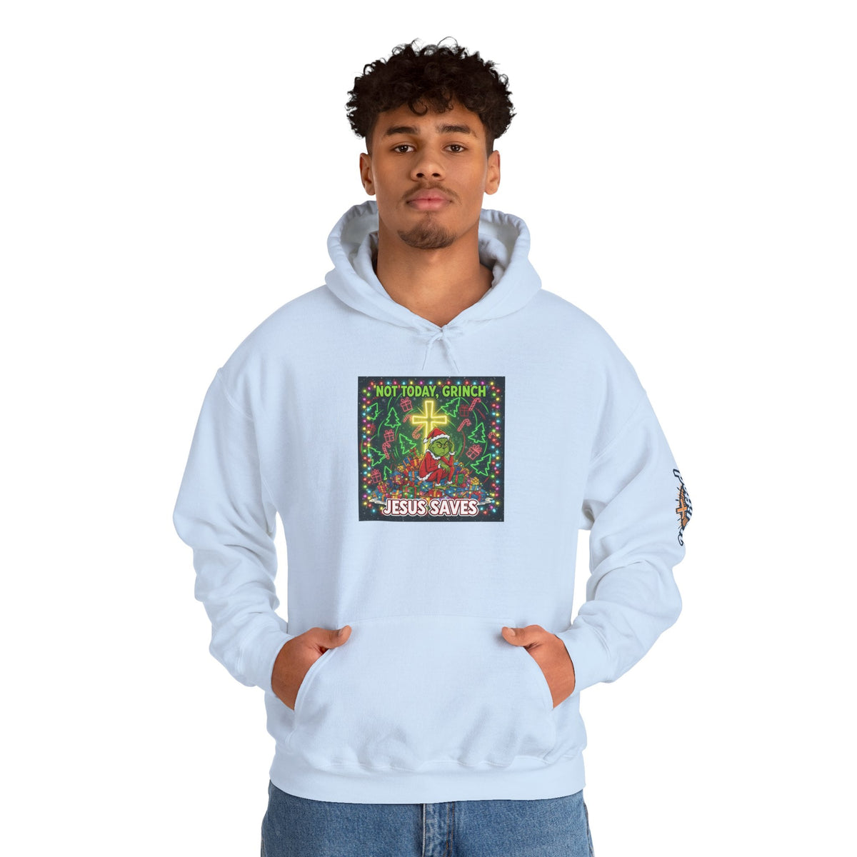 🎄 Not Today, Grinch – Jesus Saves | Funny Christian Christmas Hoodie | Festive Green & Red Cartoon Style | Bold Faith Holiday Tee by Uplifted Gear Printify