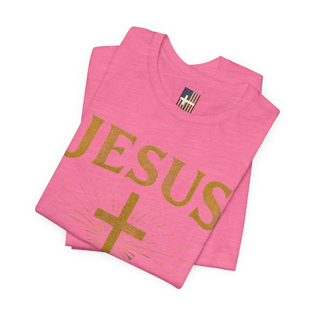 Jesus Saves T-shirt – Radiant Cross & Rays of Light Christian T-shirt for Eternal Hope & Faith Printify