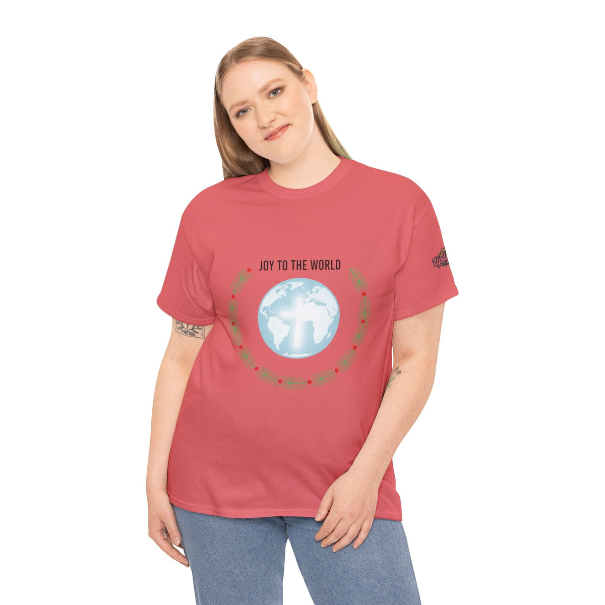 Joy to the World T-shirt – Wreath Earth Nativity Christian Christmas T-shirt for Isaiah 9:6 Holiday Faith & Festive Joy Printify