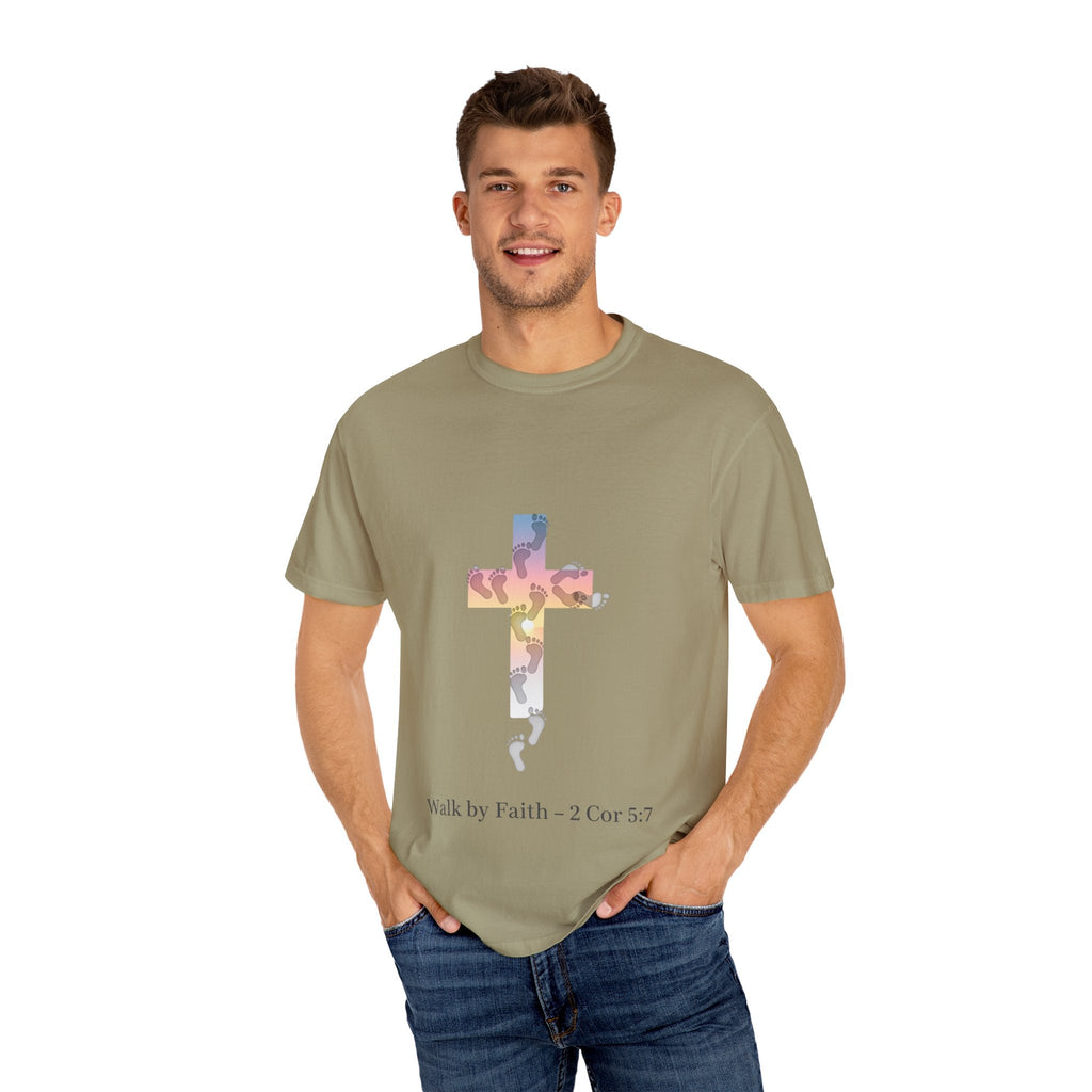 Walk by Faith T-Shirt – Cross & Footprints Christian Tee for Bold Believers Printify