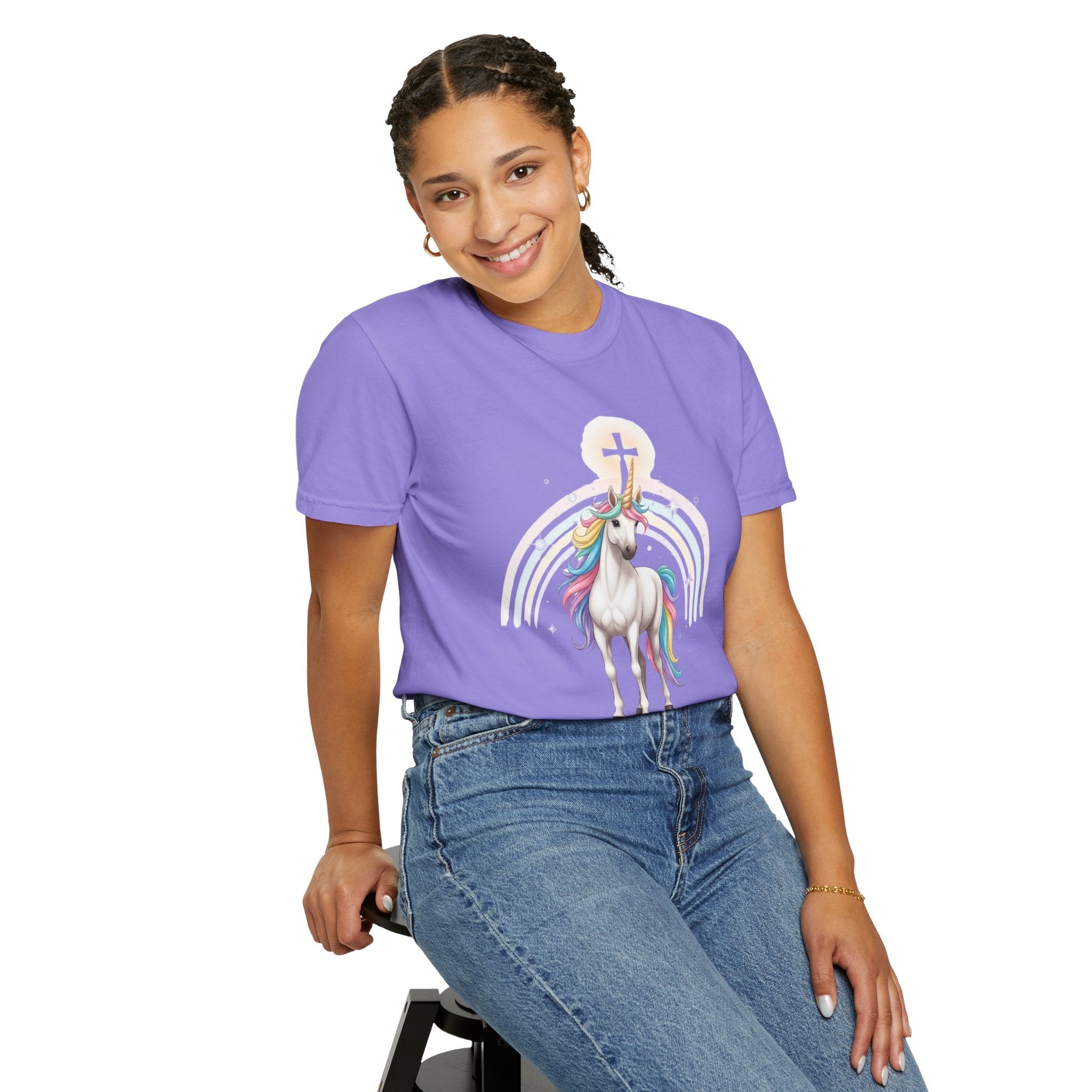 Unique Unicorn Christian T-Shirt – Wonderfully Made with Rainbow Cross & Psalm 139:14 Printify