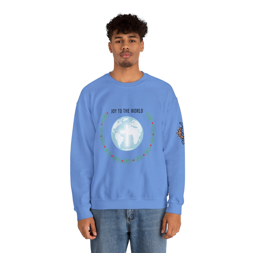 Joy to the World Sweatshirt – Wreath Earth Nativity Christian Christmas Sweatshirt for Isaiah 9:6 Holiday Faith & Festive Joy Printify