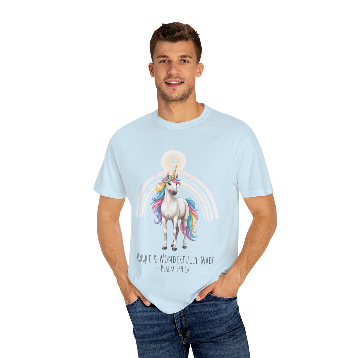 Unique Unicorn Christian T-Shirt – Wonderfully Made with Rainbow Cross & Psalm 139:14 Printify