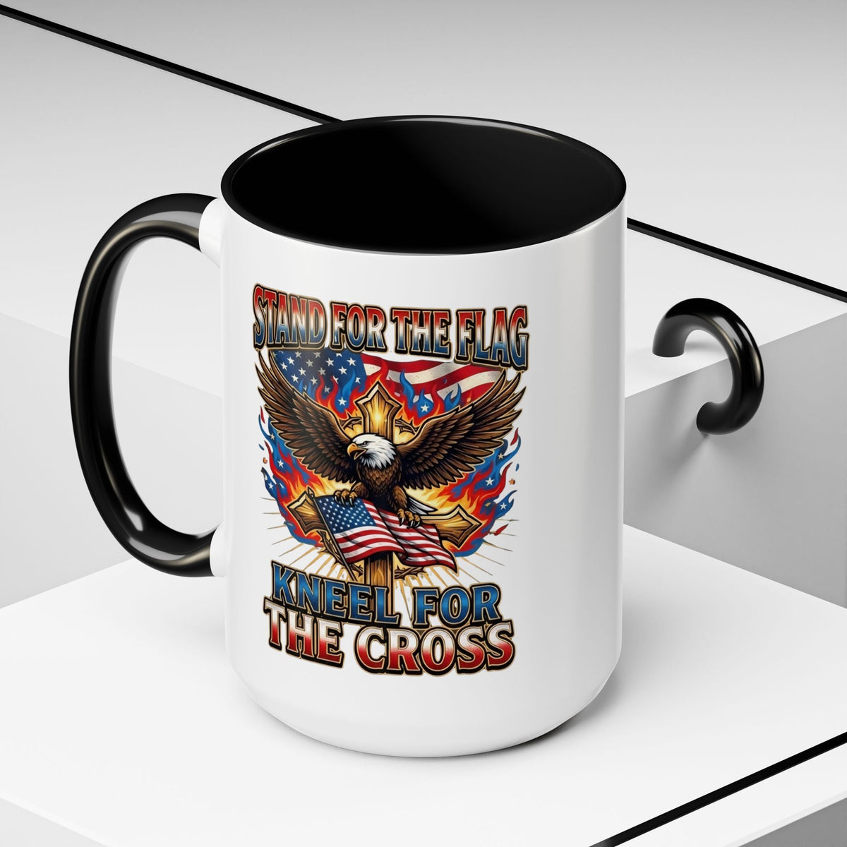 Patriotic Eagle Coffee Mug — "Stand for the Flag, Kneel for the Cross" (11/15oz) Printify