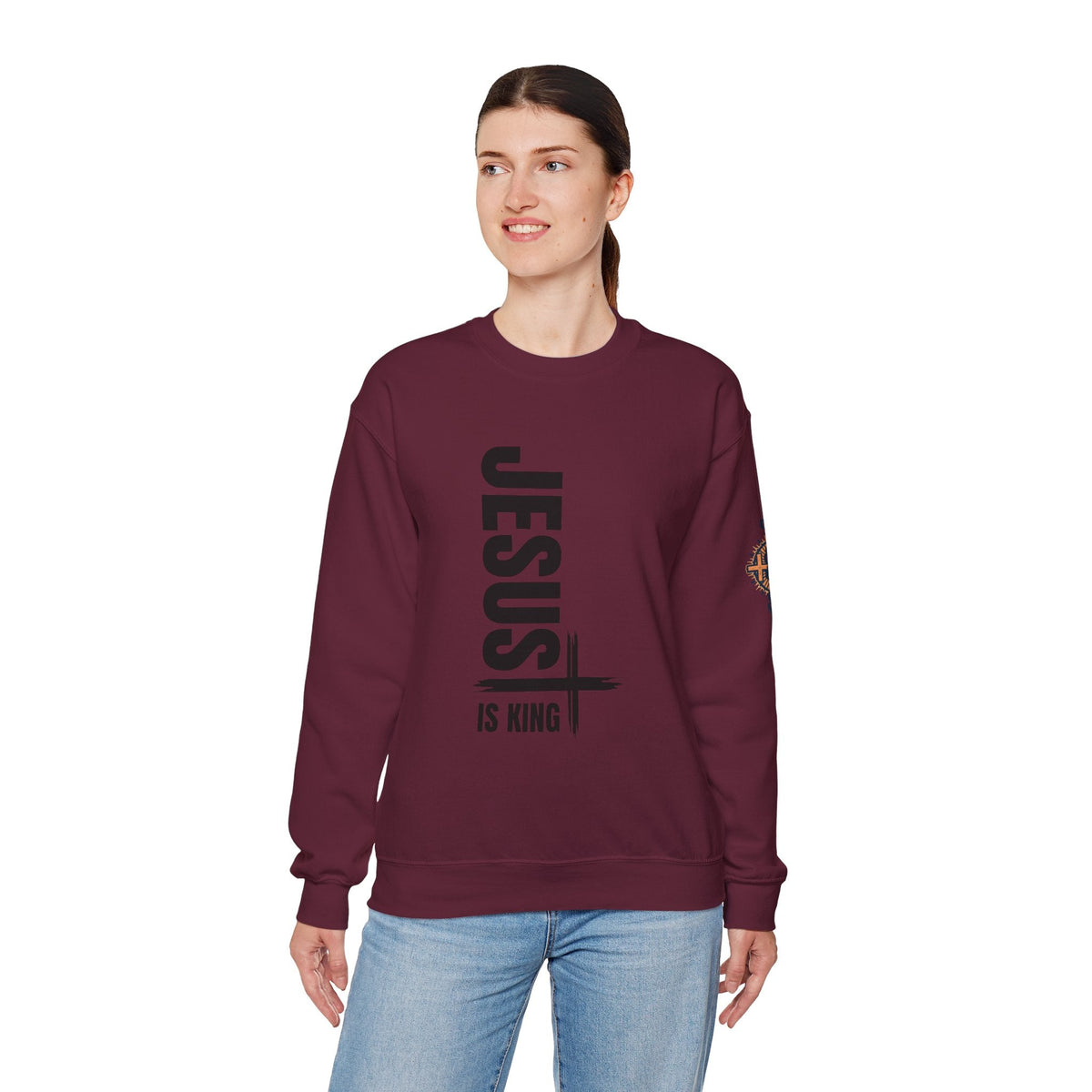 Jesus Is King Sweatshirt | Modern Typographic Cross Christian Sweatshirt Printify