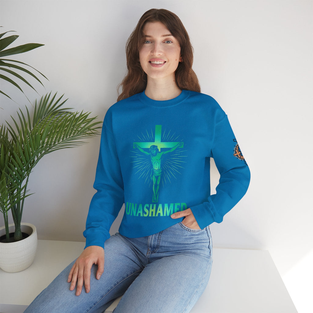 Unashamed Sweatshirt – Romans 1:16 Crucifixion Christian Sweatshirt for Bold Unwavering Faith Printify