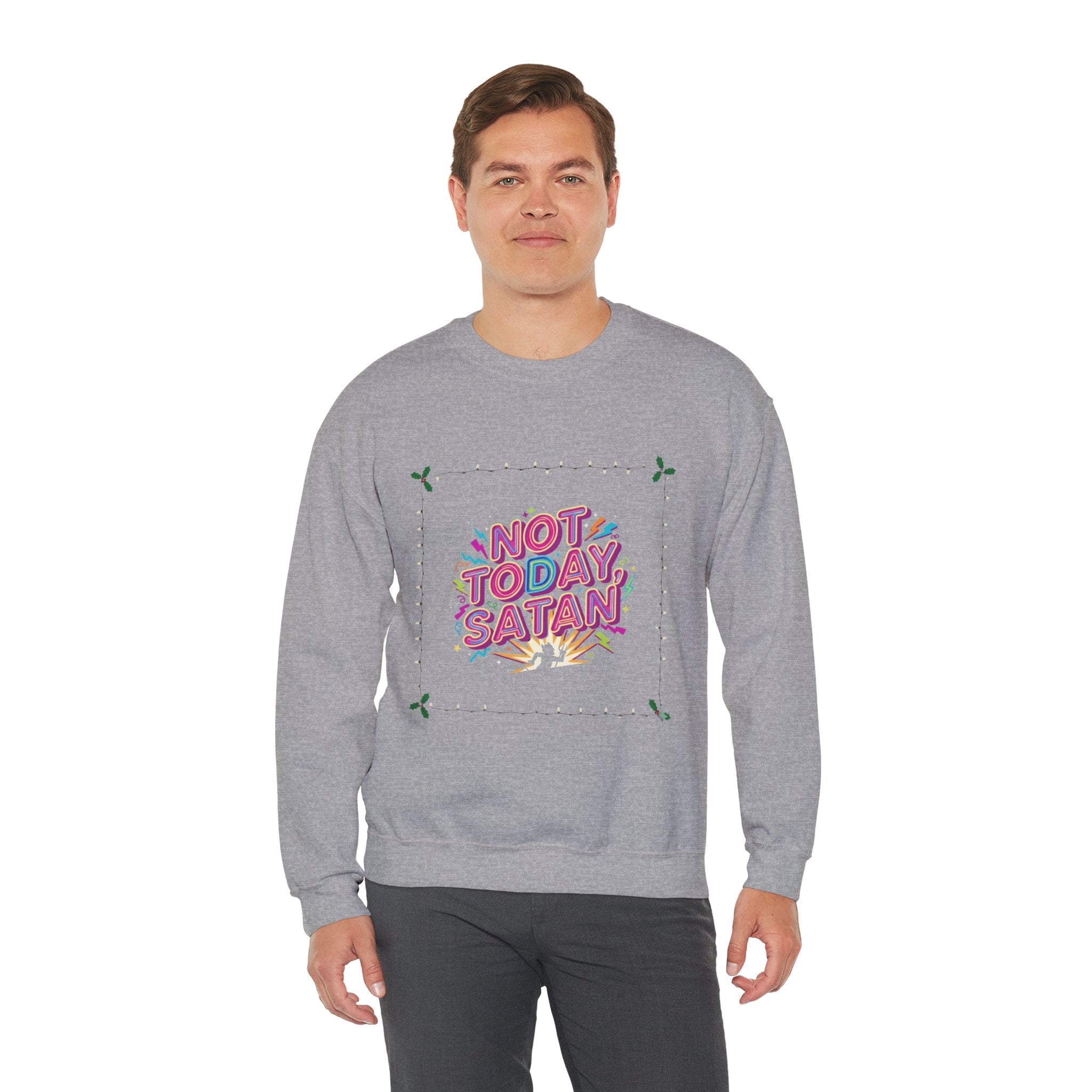 🔥 Not Today, Satan – Retro 90s Christian Sweatshirt | Neon Faith Tee | Funky Cartoon Devil | Bold Bible Verse Shirt | Uplifted Gear Printify
