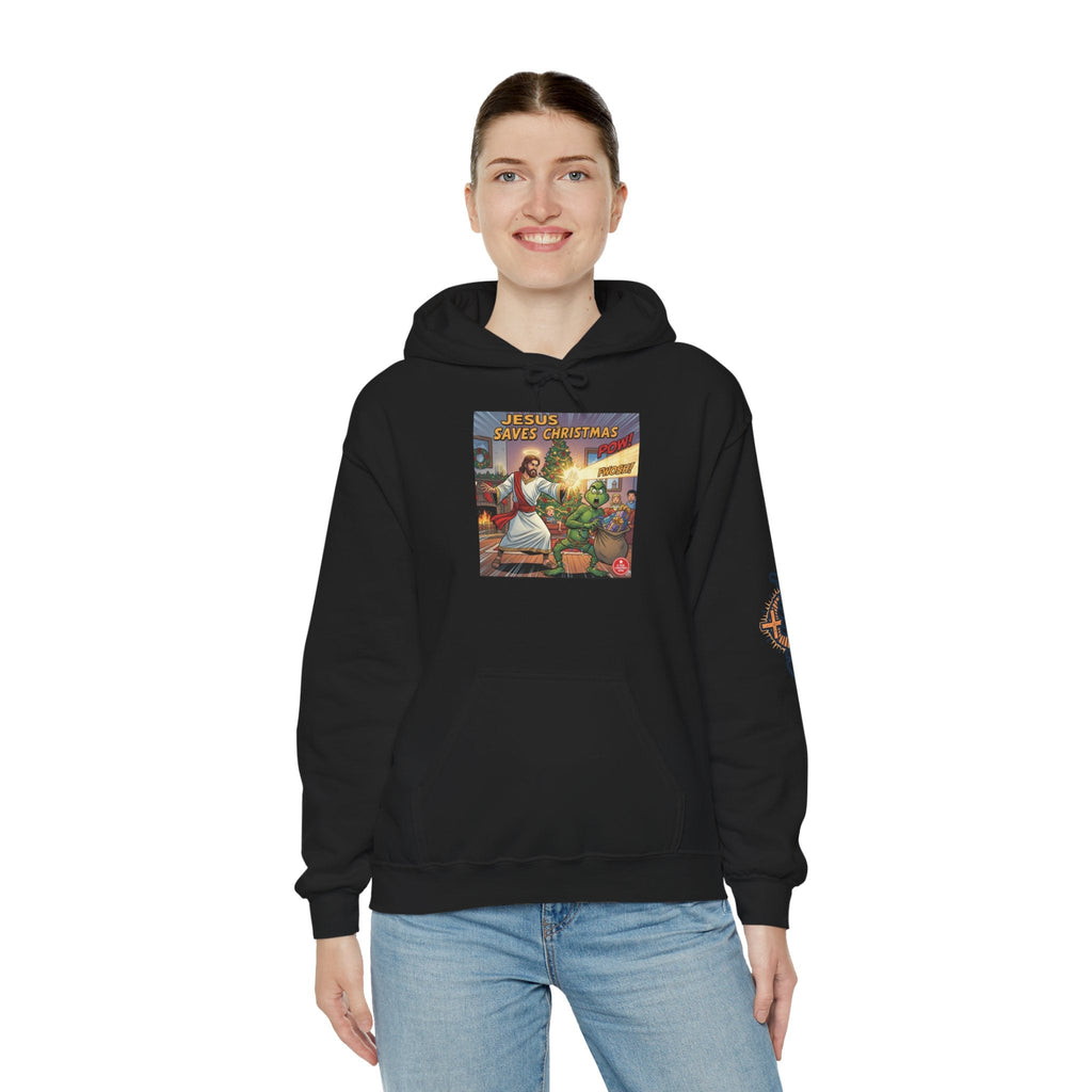 Jesus Saves Christmas Hoodie – Grinch vs Savior Light Battle Christian Sweatshirt for Hilarious Holiday Faith & True Joy Printify