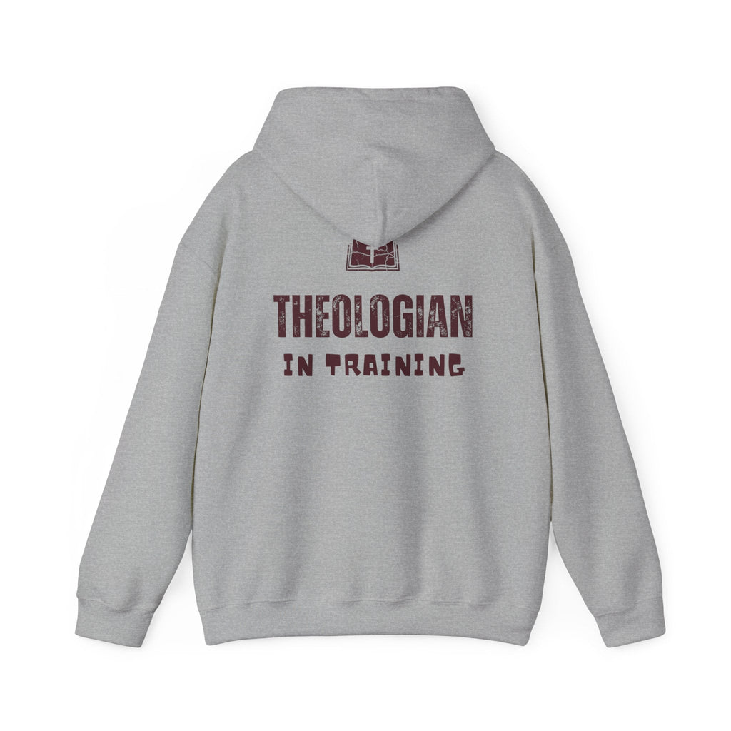 Theologian in Training Hoodie – Open Bible & Cross Christian Hoodie for Faithful Growth Printify