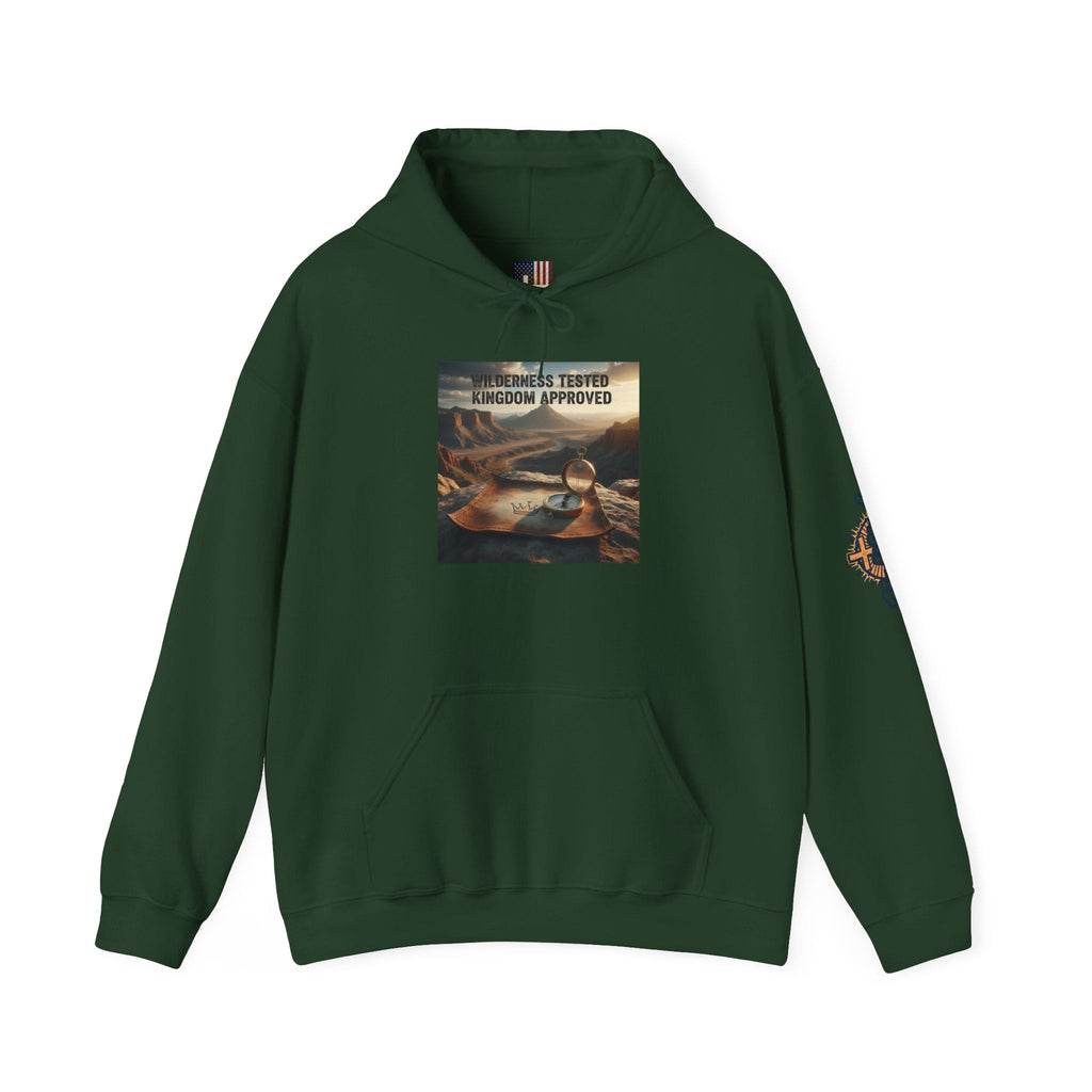 Wilderness Tested Kingdom Approved Hoodie – Mountain Desert Compass Crown Christian Sweatshirt for Biblical Adventure Faith Printify