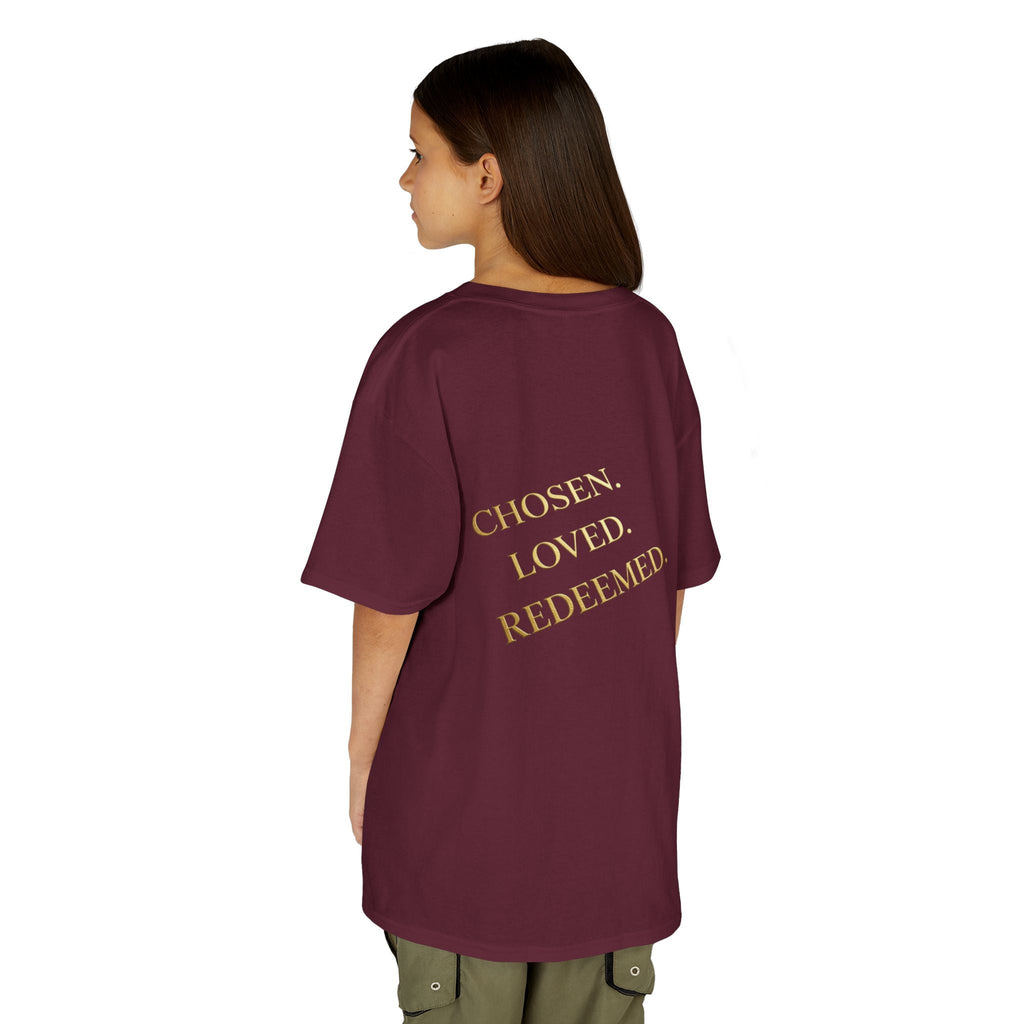 ✨ Chosen. Loved. Redeemed. – Elegant Christian Kids T-Shirt | Gold Foil Faith Tee | Subtle Cross & Heart Design | Inspirational Bible Verse Apparel by Uplifted Gear Printify