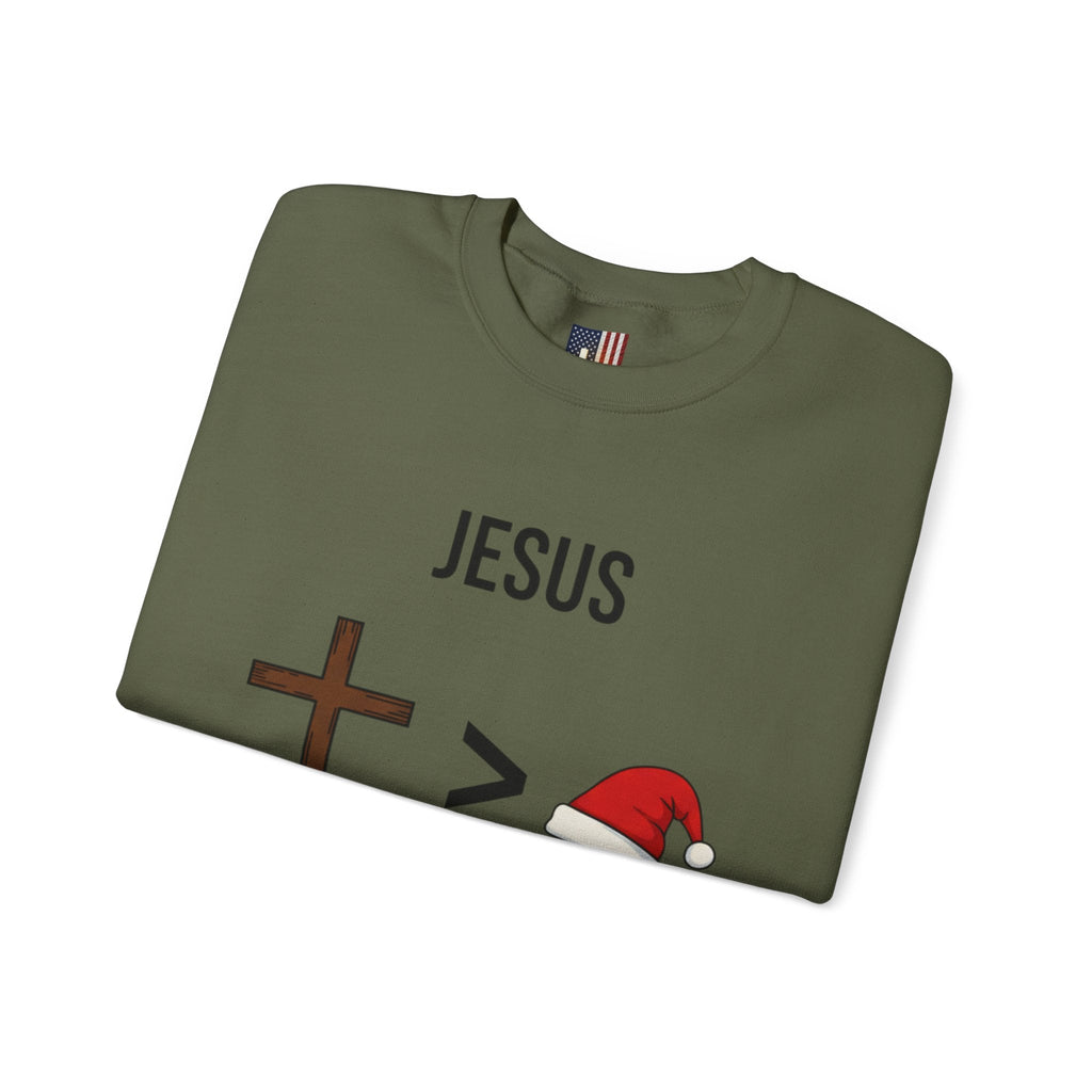 🎄 Jesus > Santa – Minimalist Christian Christmas Sweatshirt | Bold Faith Over Holiday Tee | Cross vs Santa Hat Design | Uplifted Gear Printify