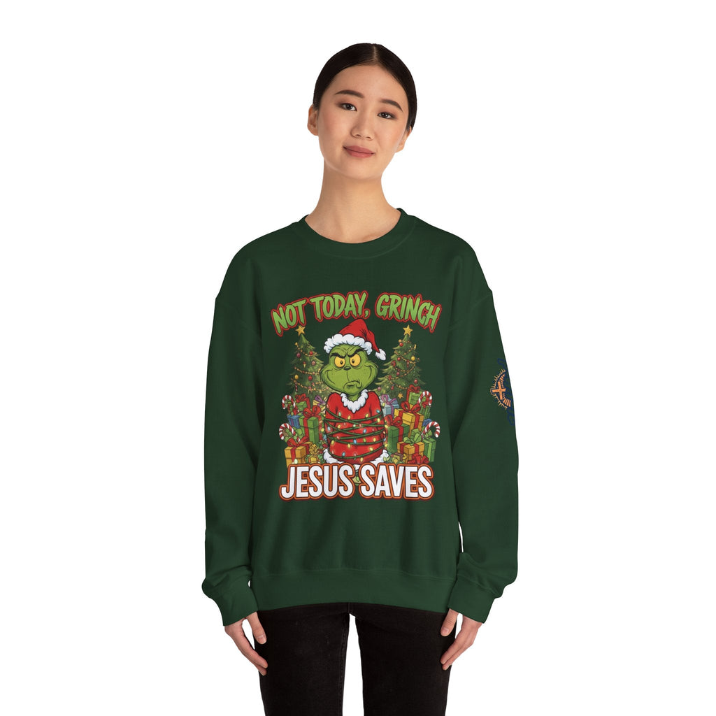 🎄 Not Today, Grinch – Jesus Saves | Funny Christian Christmas Sweatshirt | Sulking Grinch & Glowing Cross | Bold Neon Faith Tee by Uplifted Gear Printify