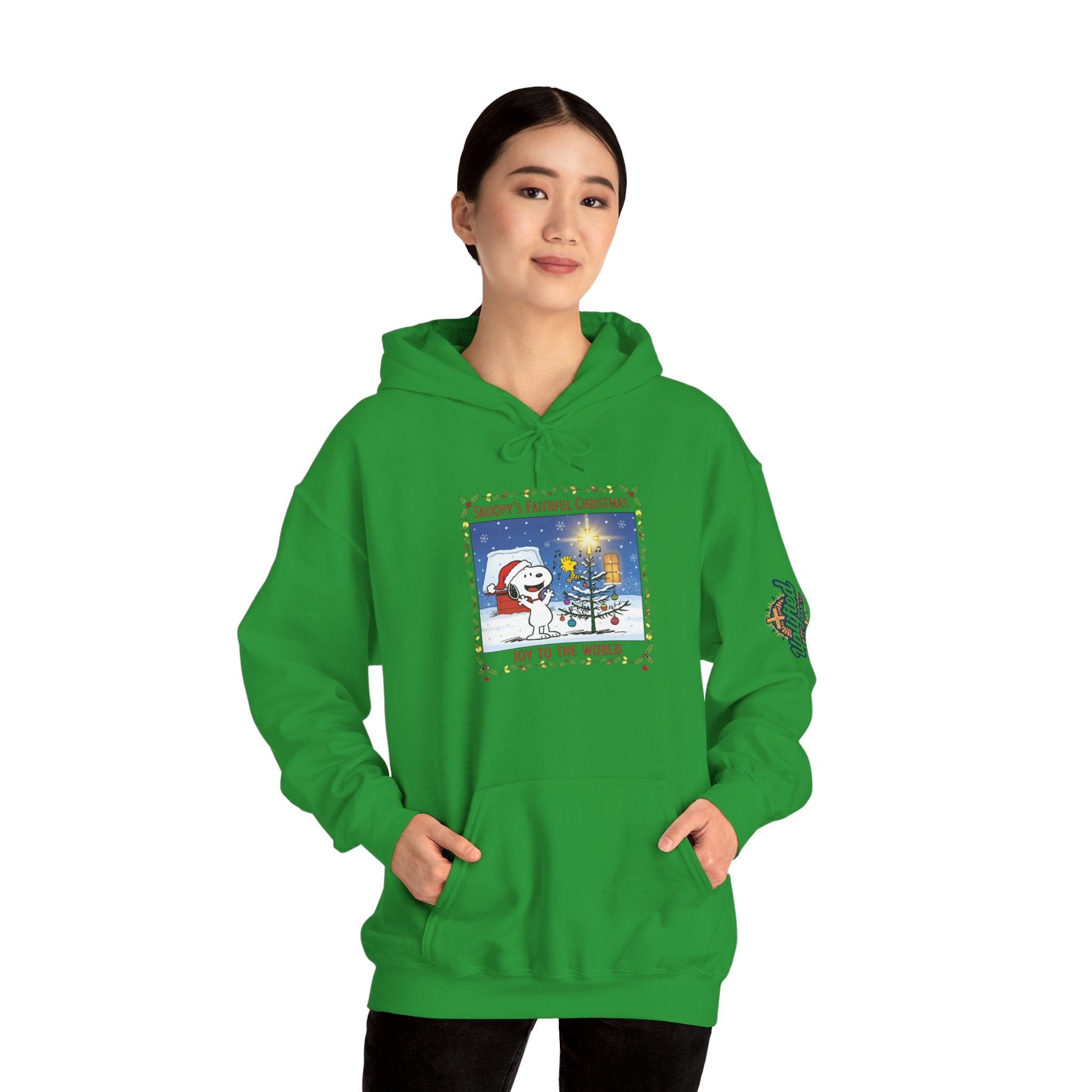 🎄 Faithful Christmas Friends – Christian Holiday Hoodie | Festive Tree & Cartoon Duo | Heartwarming Christmas Tee by Uplifted Gear Printify