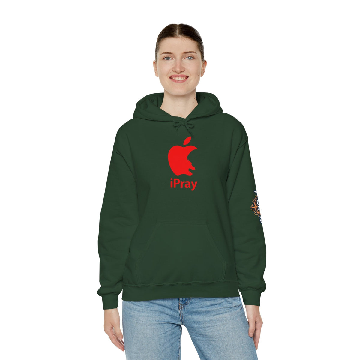 iPray Apple Logo Hoodie — Funny Christian Hoodie (Minimal Red Apple Graphic) Printify