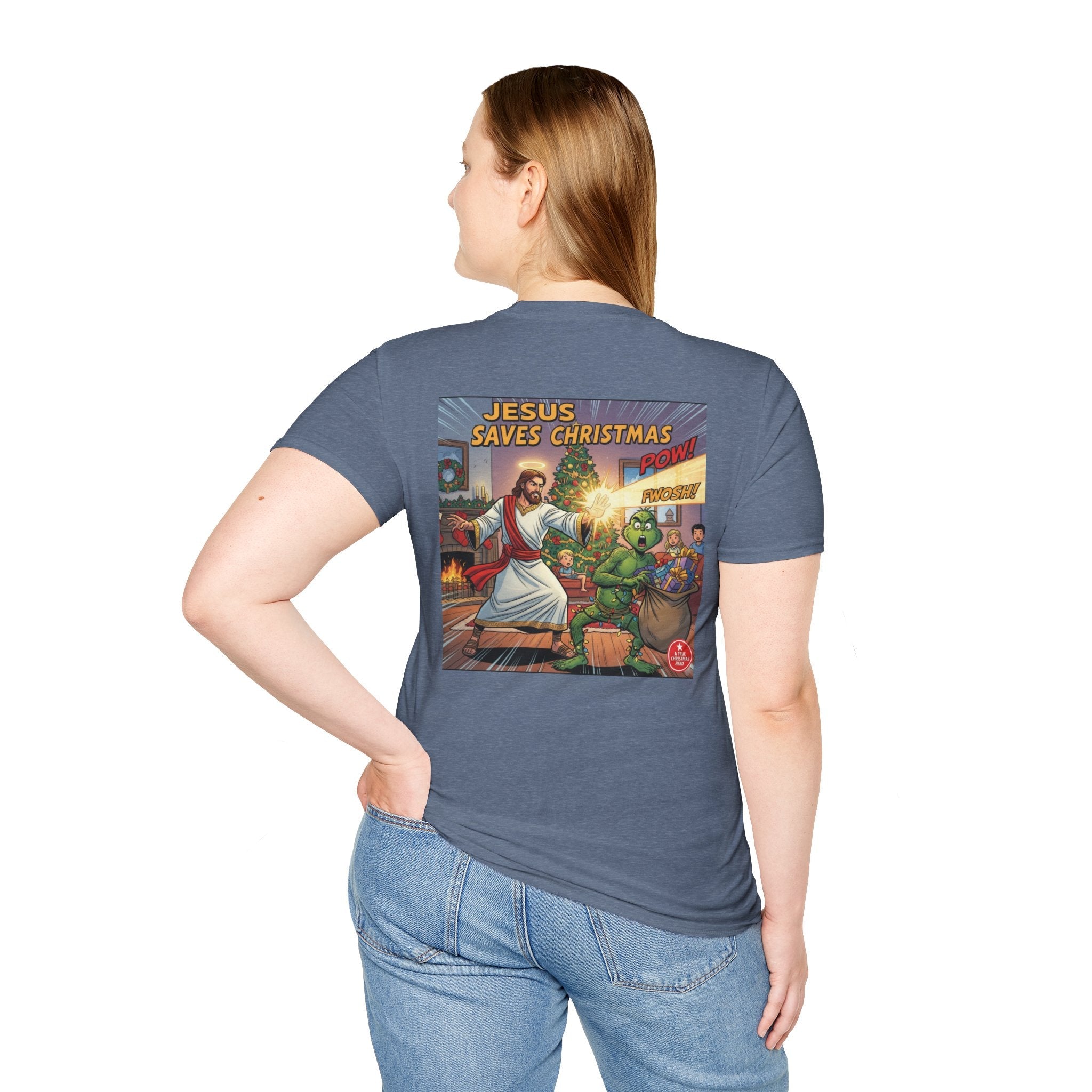 Jesus Saves Christmas T-shirt – Grinch vs Savior Light Battle Christian T-shirt for Hilarious Holiday Faith & True Joy Printify