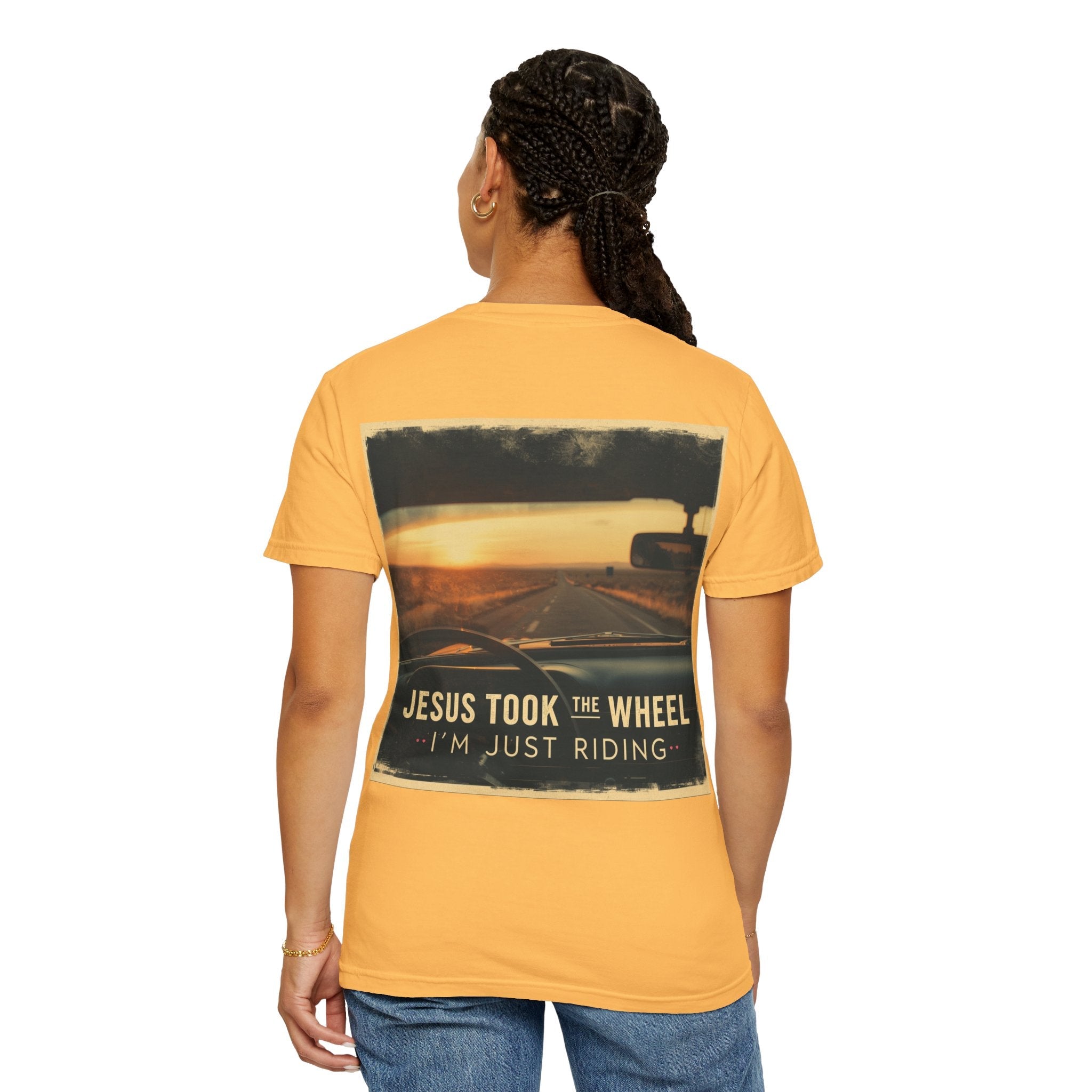 Jesus Took the Wheel I'm Just Riding T-shirt – Funny Christian Convertible Car T-shirt for Surrendered Faith & Humor Printify