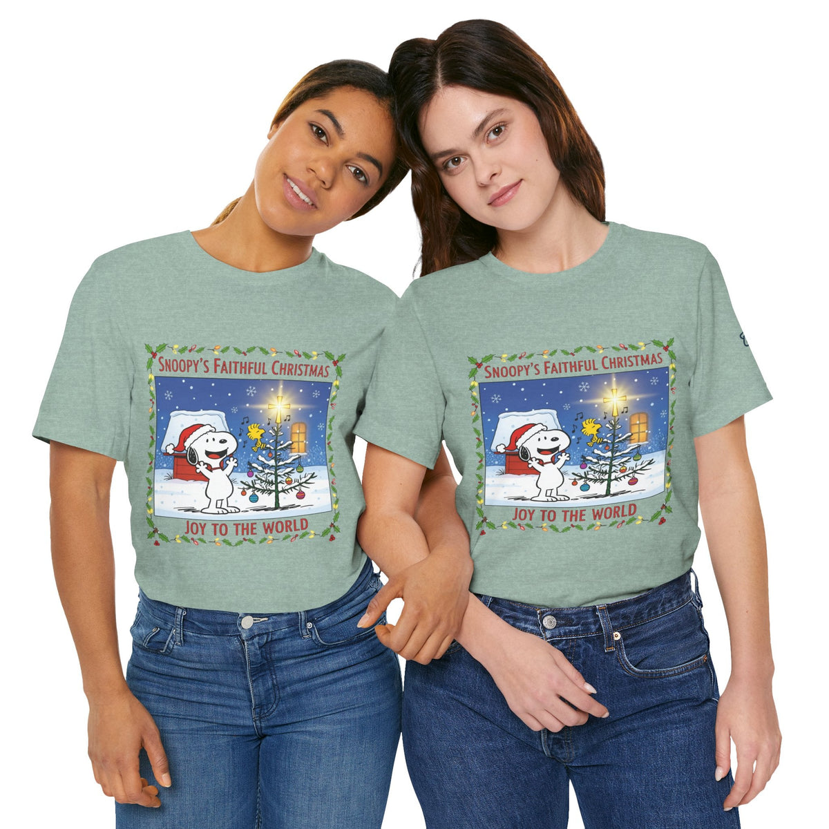 🎄 Faithful Christmas Friends – Christian Holiday T-Shirt | Festive Tree & Cartoon Duo | Heartwarming Christmas Tee by Uplifted Gear Printify