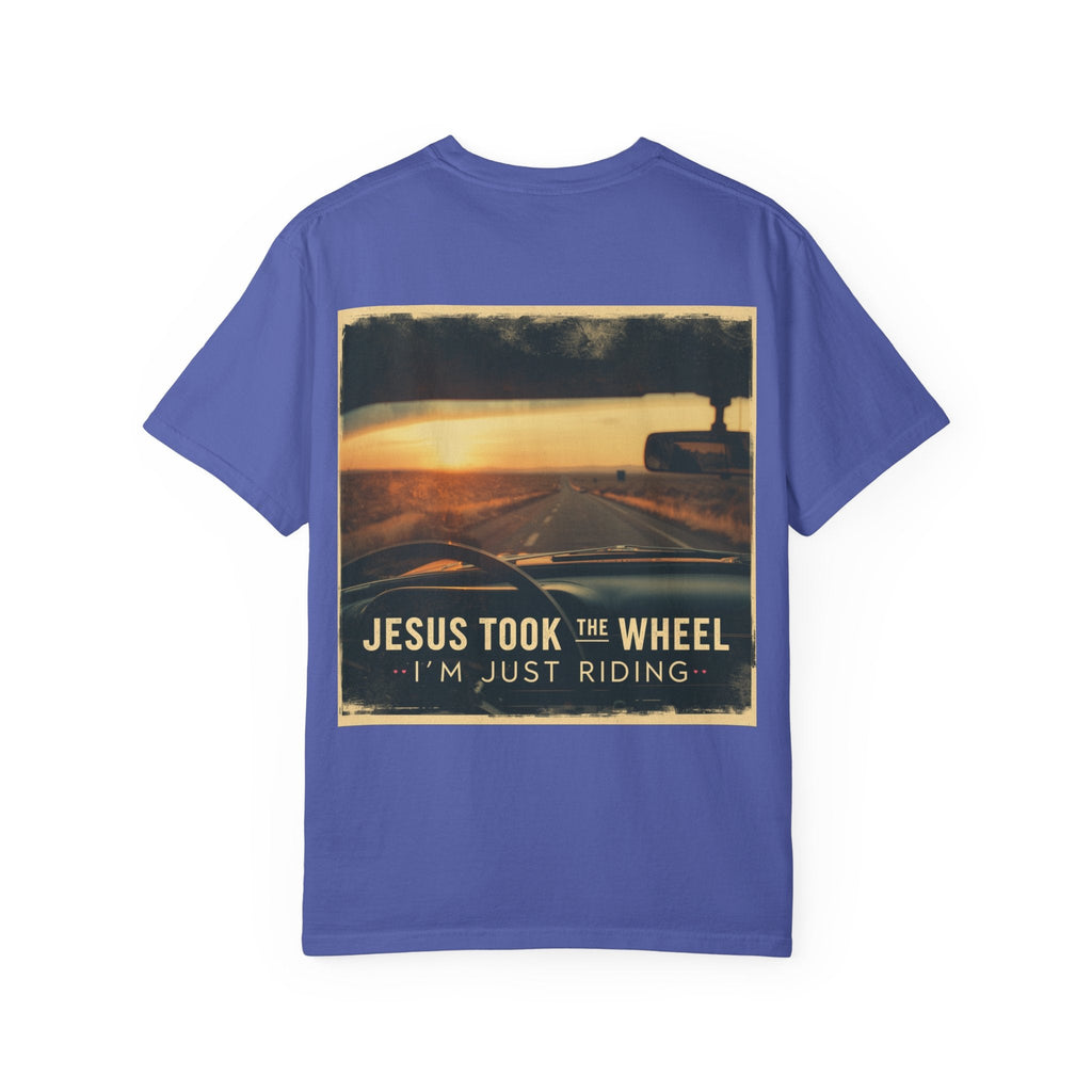 Jesus Took the Wheel I'm Just Riding T-shirt – Funny Christian Convertible Car T-shirt for Surrendered Faith & Humor Printify