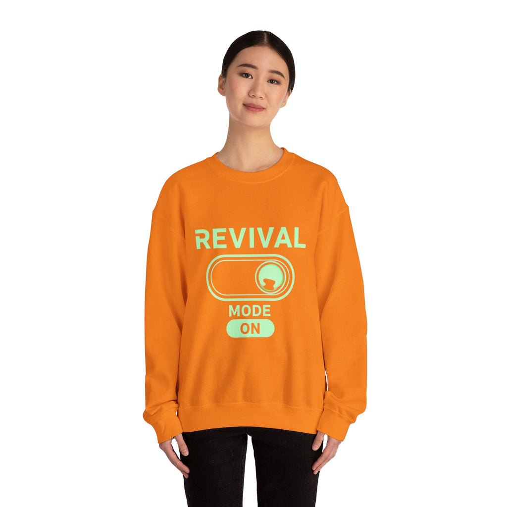 🔥 Revival Mode: ON – Christian Techwear Sweatshirt | Glowing Green Faith Switch | Futuristic Jesus Shirt | Activate Your Spiritual Awakening | Uplifted Gear Printify