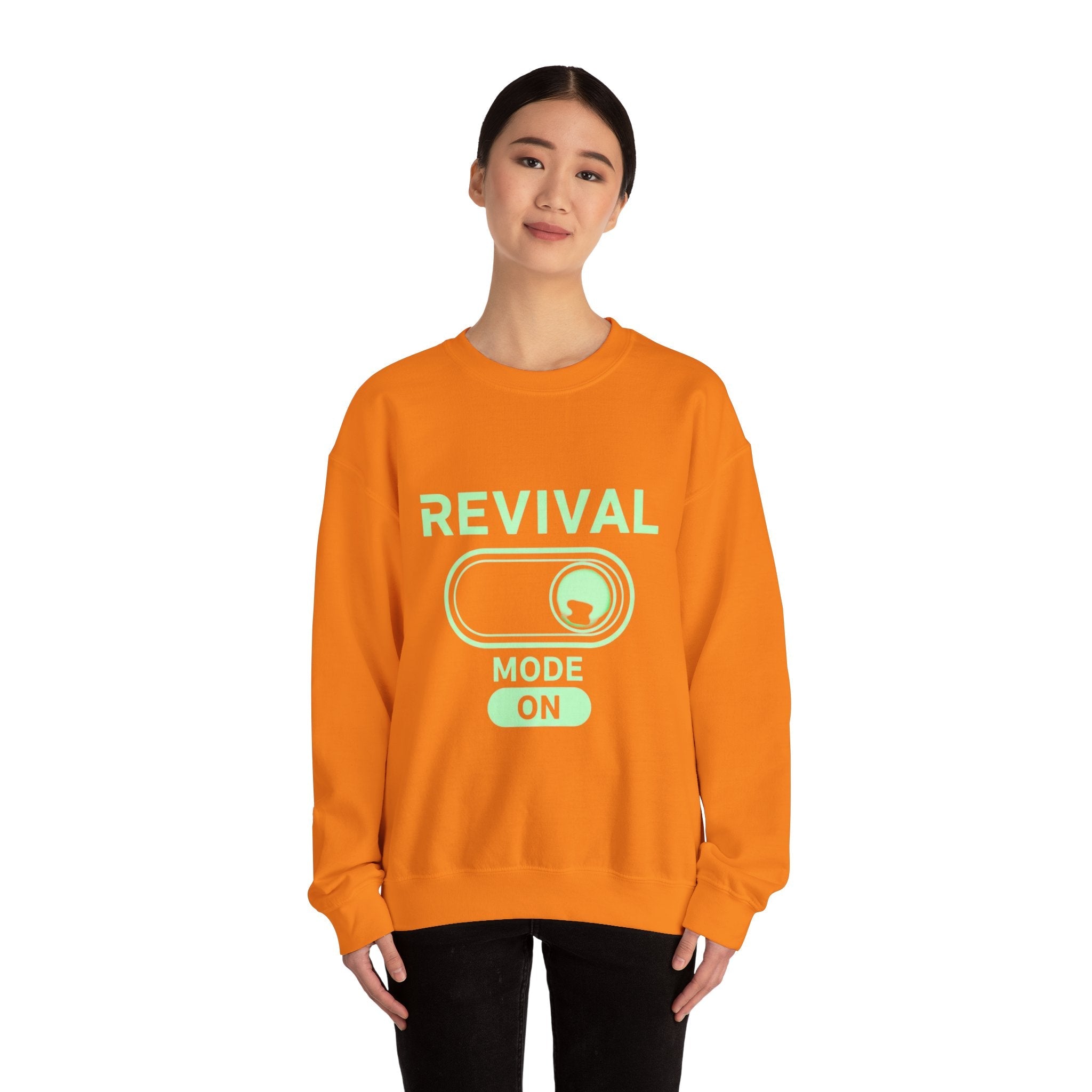 🔥 Revival Mode: ON – Christian Techwear Sweatshirt | Glowing Green Faith Switch | Futuristic Jesus Shirt | Activate Your Spiritual Awakening | Uplifted Gear Printify