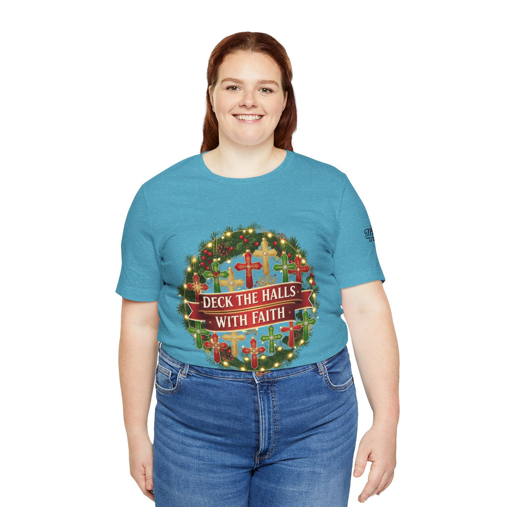 🎄 Deck the Halls with Faith – Christian Christmas T-Shirt | Cross Ornament Design & Festive Garland | Bold Holiday Faith Tee by Uplifted Gear Printify