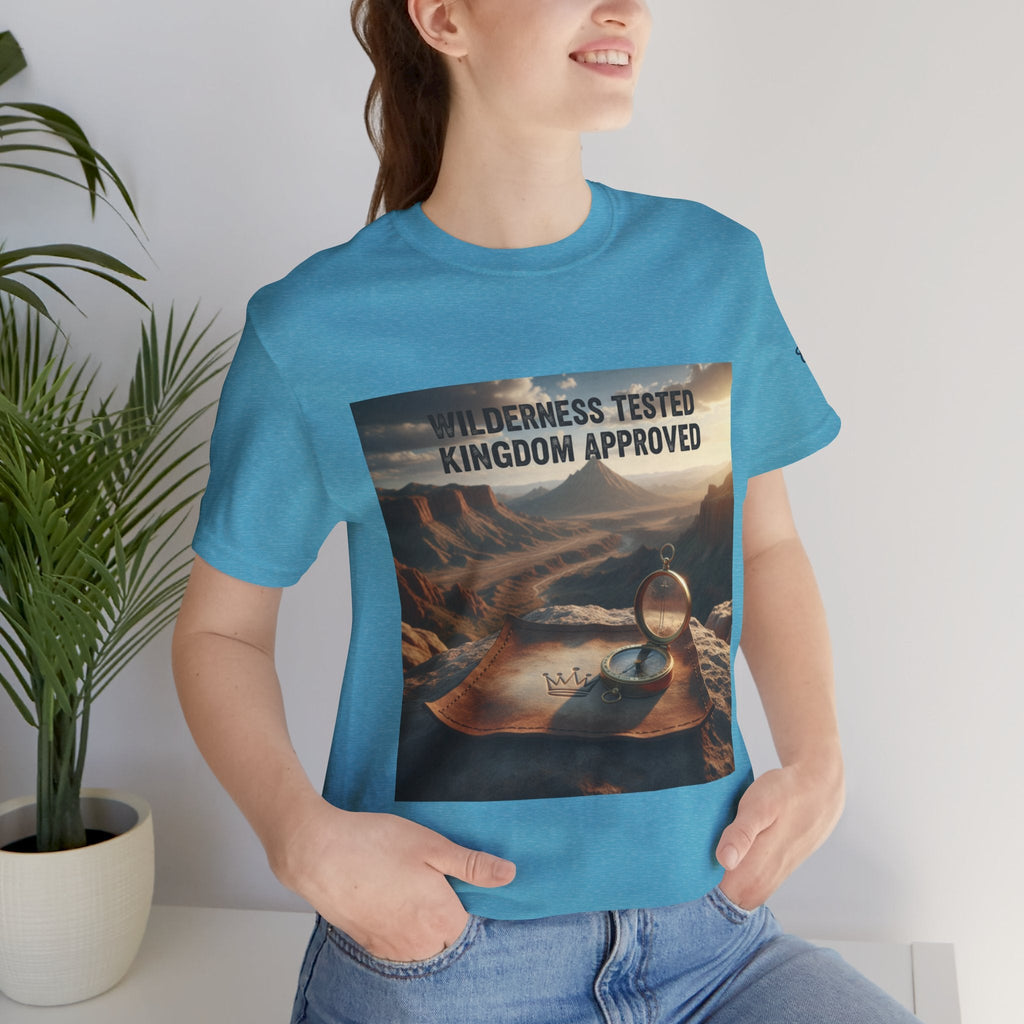 Wilderness Tested Kingdom Approved T-shirt – Mountain Desert Compass Crown Christian T-shirt for Biblical Adventure Faith Printify