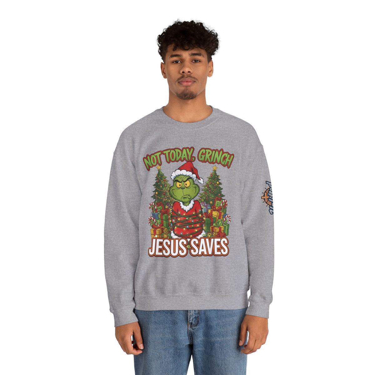 🎄 Not Today, Grinch – Jesus Saves | Funny Christian Christmas Sweatshirt | Sulking Grinch & Glowing Cross | Bold Neon Faith Tee by Uplifted Gear Printify