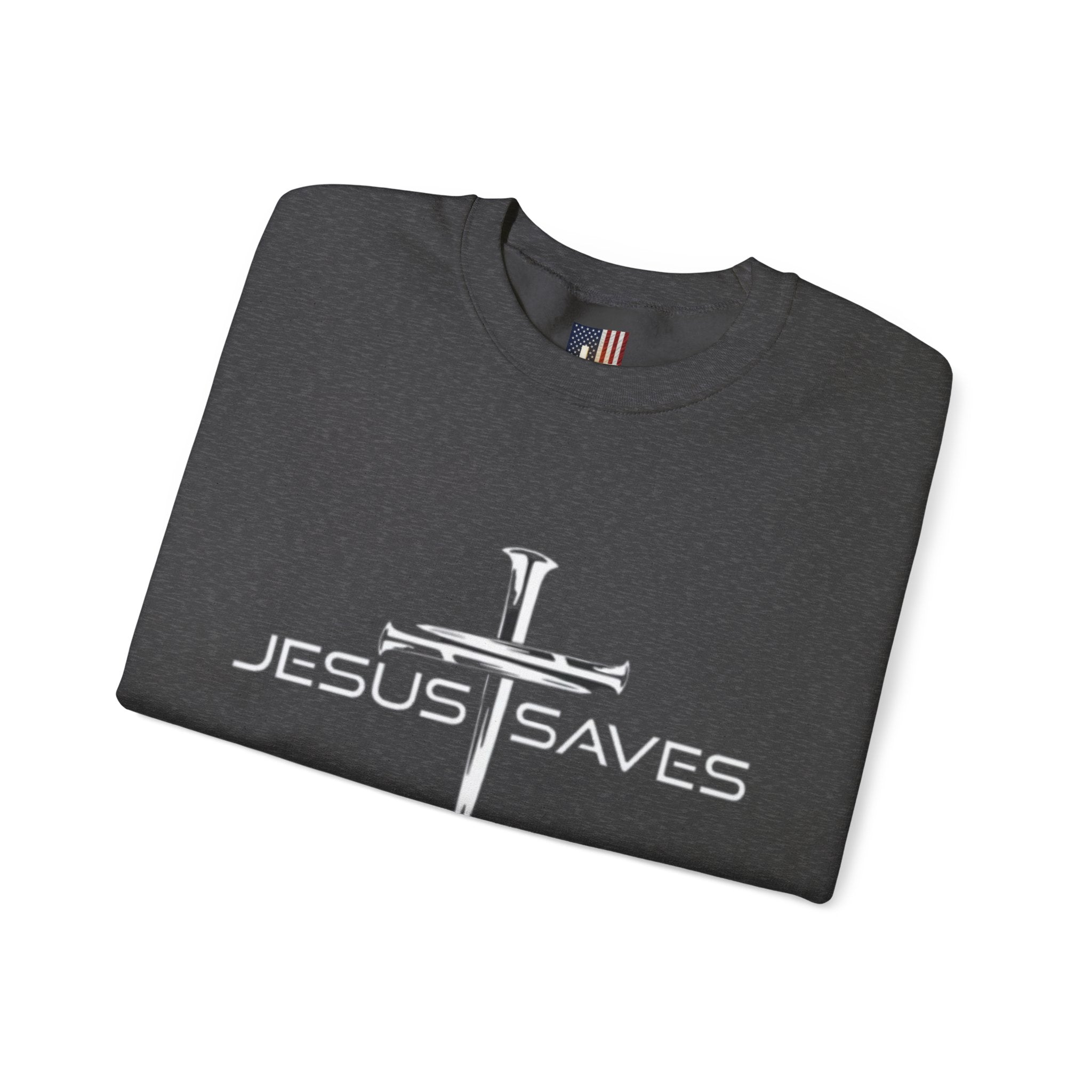 Jesus Saves Sweatshirt – 3 Nails Crucifix Cross Christian Sweatshirt for Redemption Faith & Bold Salvation Printify