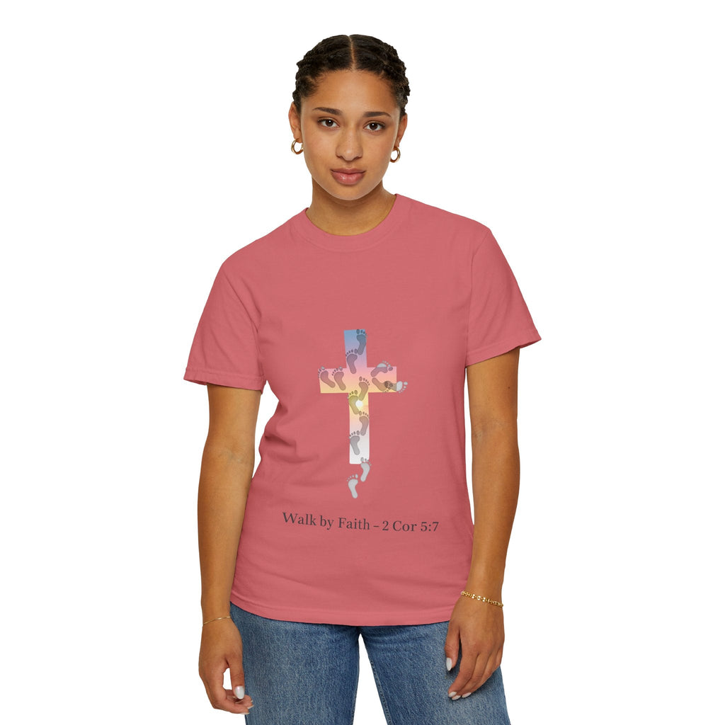 Walk by Faith T-Shirt – Cross & Footprints Christian Tee for Bold Believers Printify